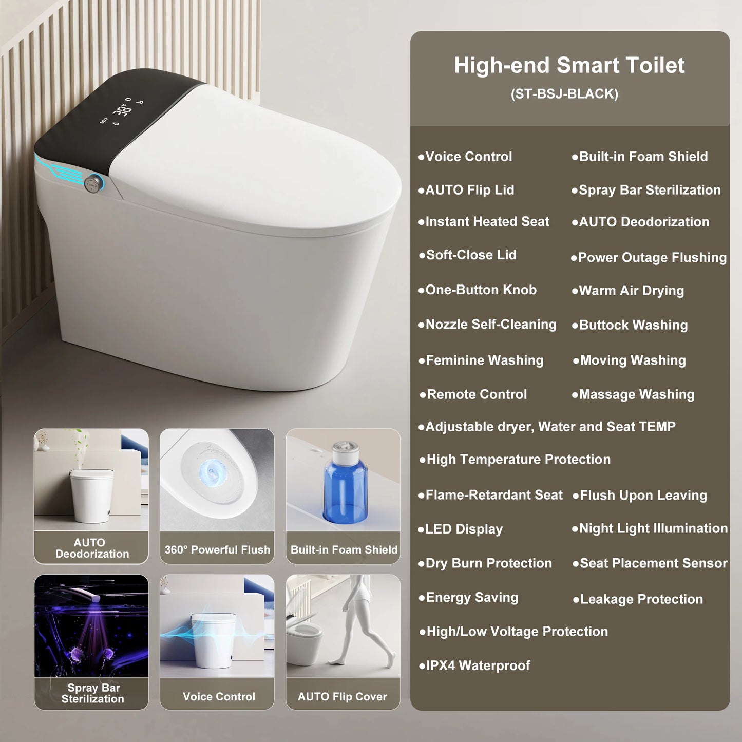 Elongated Smart Toilet Bidet With Voice Control Warm Water Dryer