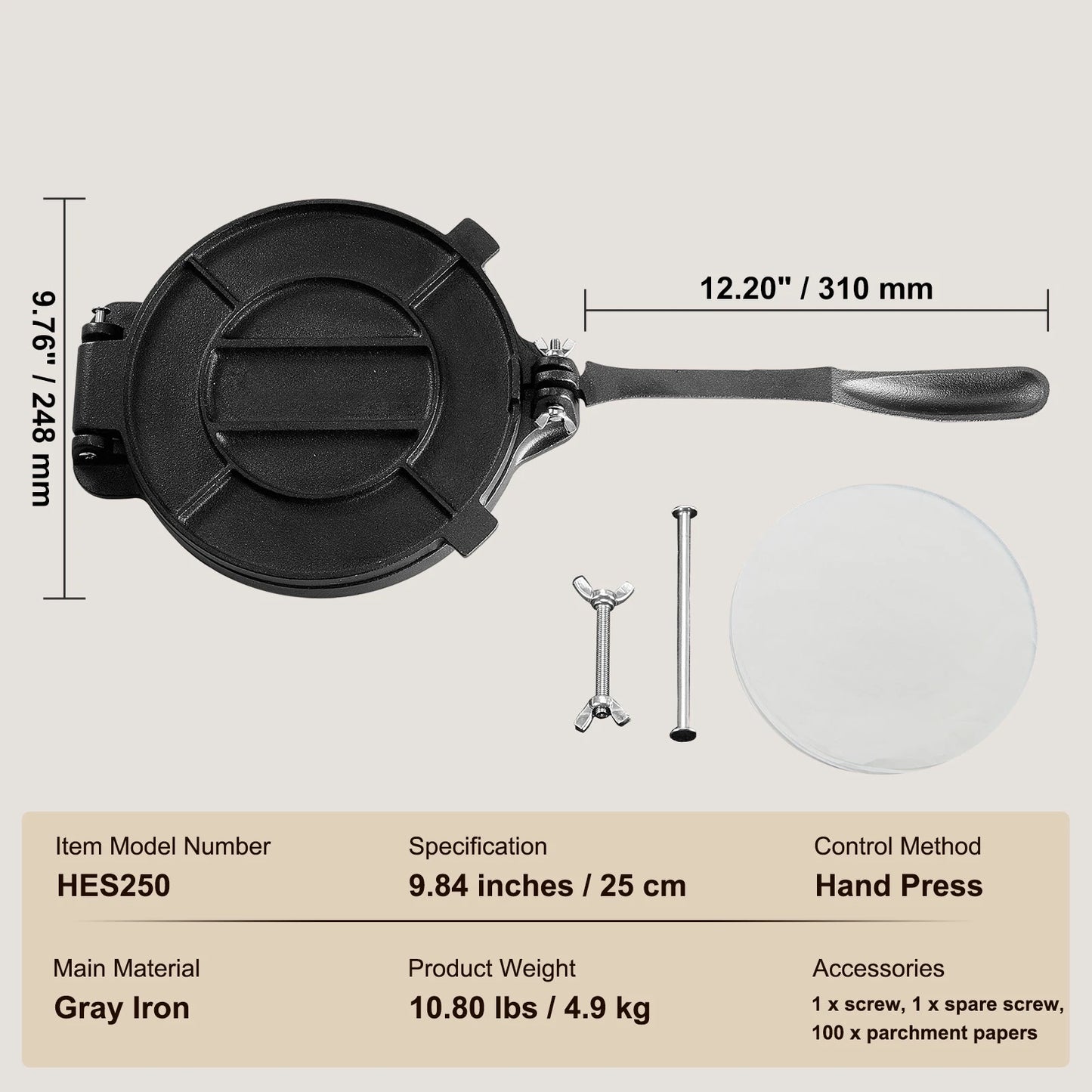 VEVOR Cast Iron Tortilla Press Heavy Duty Dough Maker for Flour Tortillas
