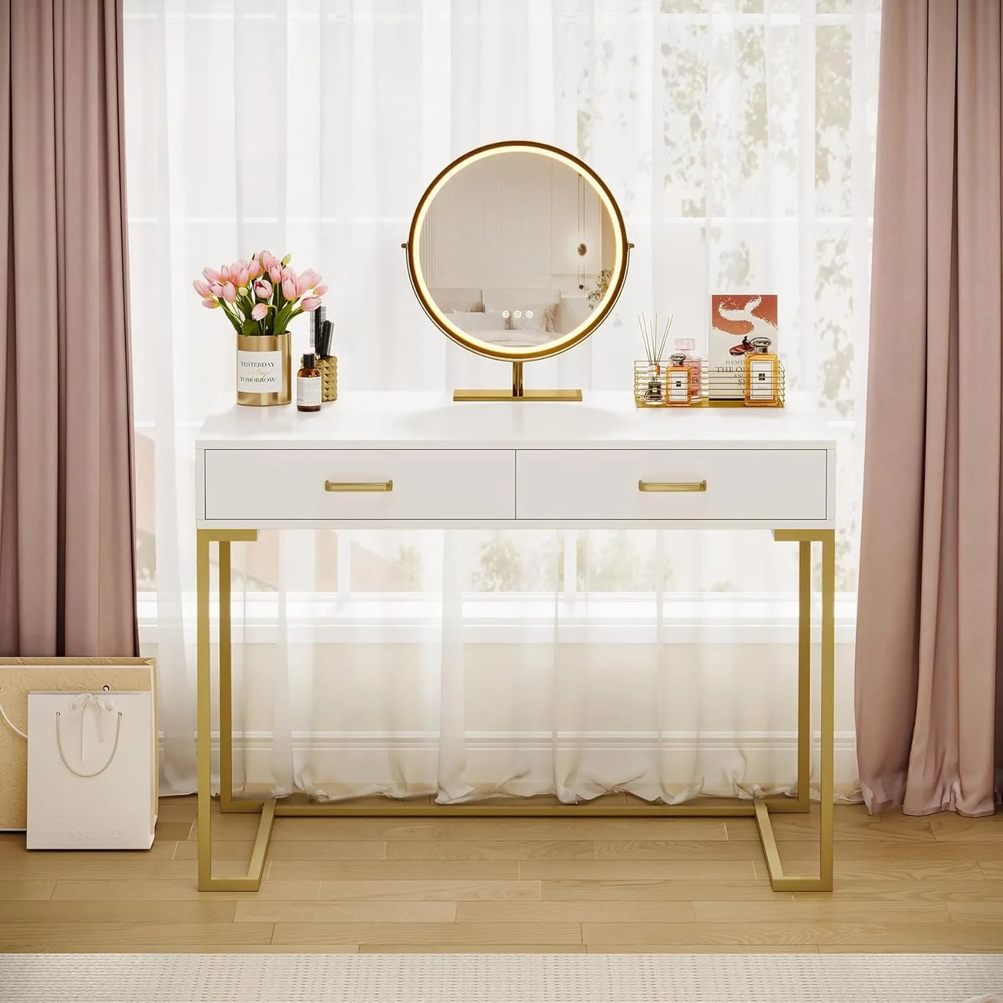 LITTLE TREE White And Gold Vanity Desk With 2 Drawers