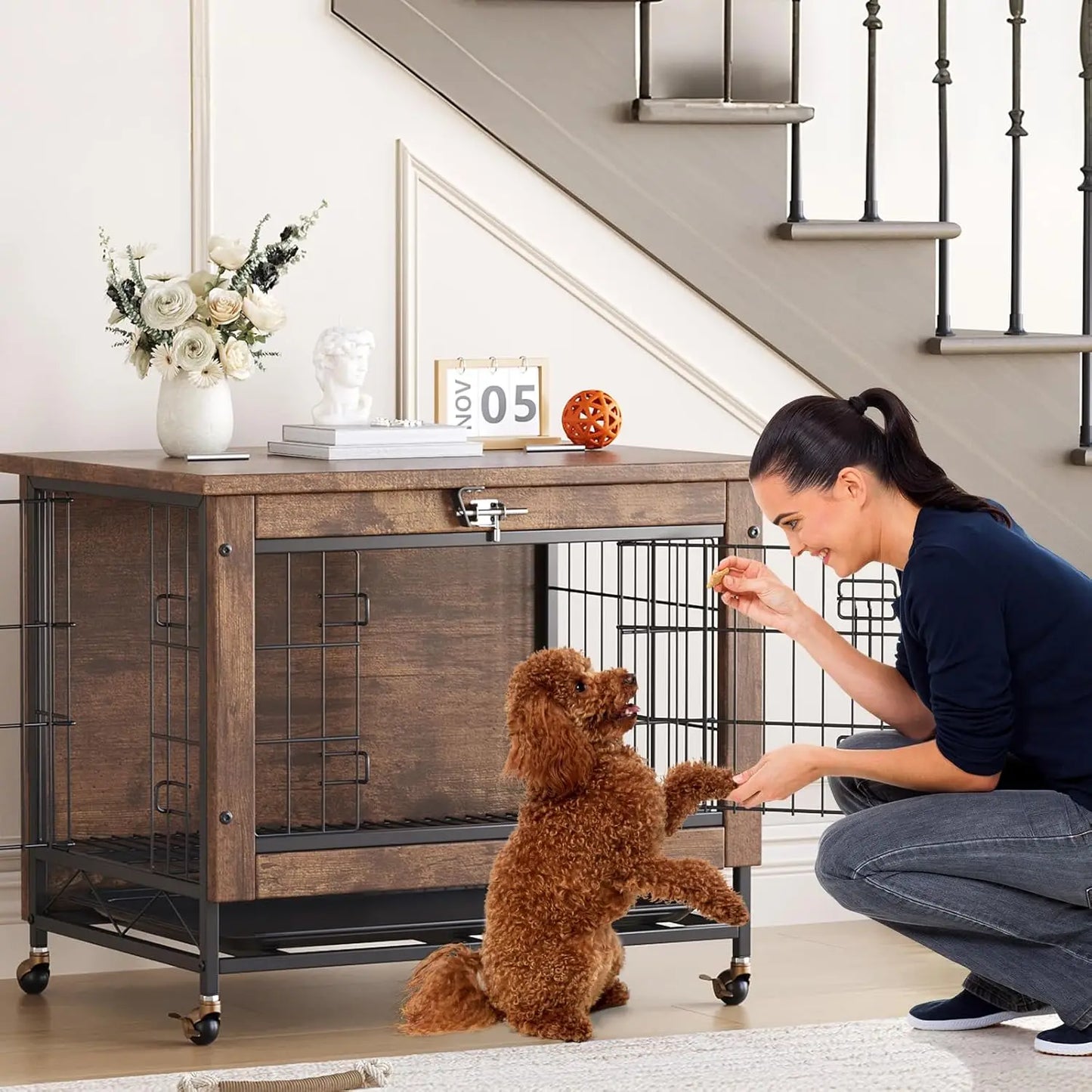 TWISTER.CK Indoor Wooden Dog Crate Furniture 26 Inch Double Door with Wheels Removable Tray for Small Dogs