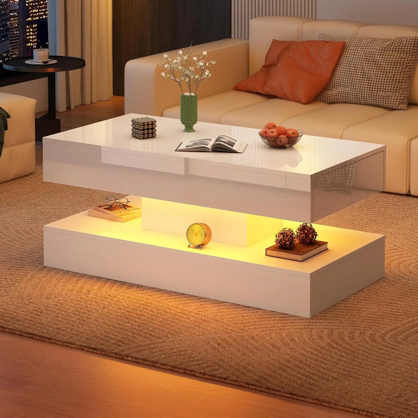 Glossy LED Coffee Table With 2 Drawers Modern Living Room