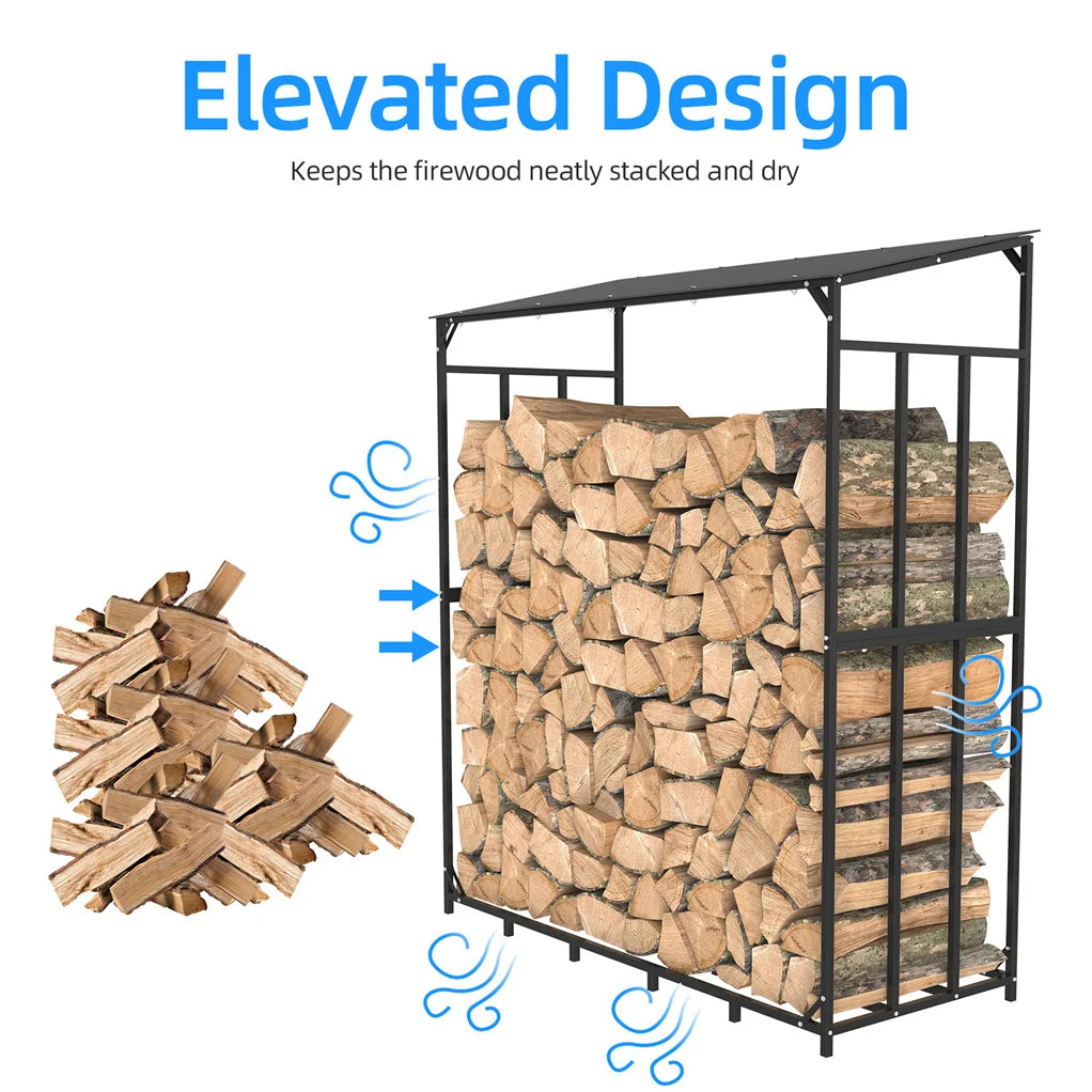 Outdoor Metal Firewood Rack With Waterproof Roof For Garden Storage