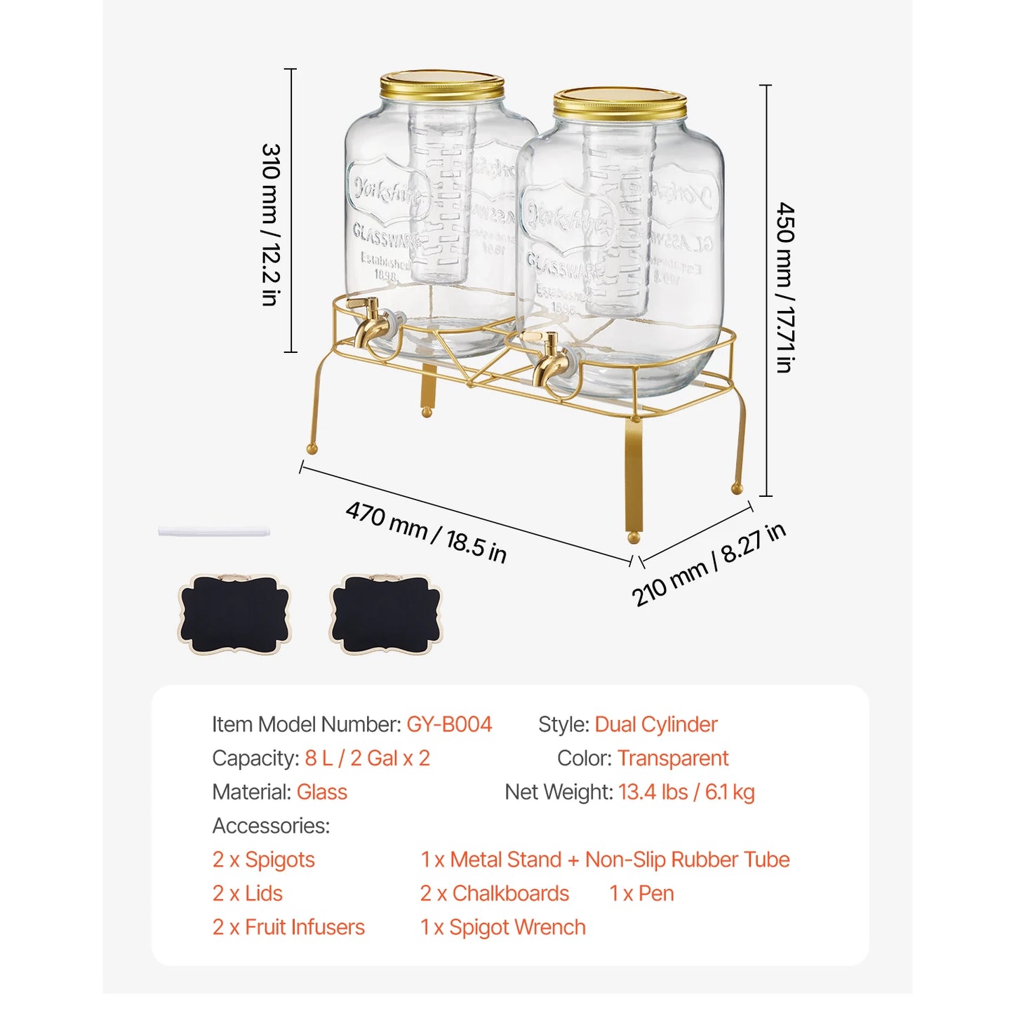 SucceBuy Glass Beverage Dispenser With Wood Stand Two Pack 8L Twin Set For Parties And Entertaining