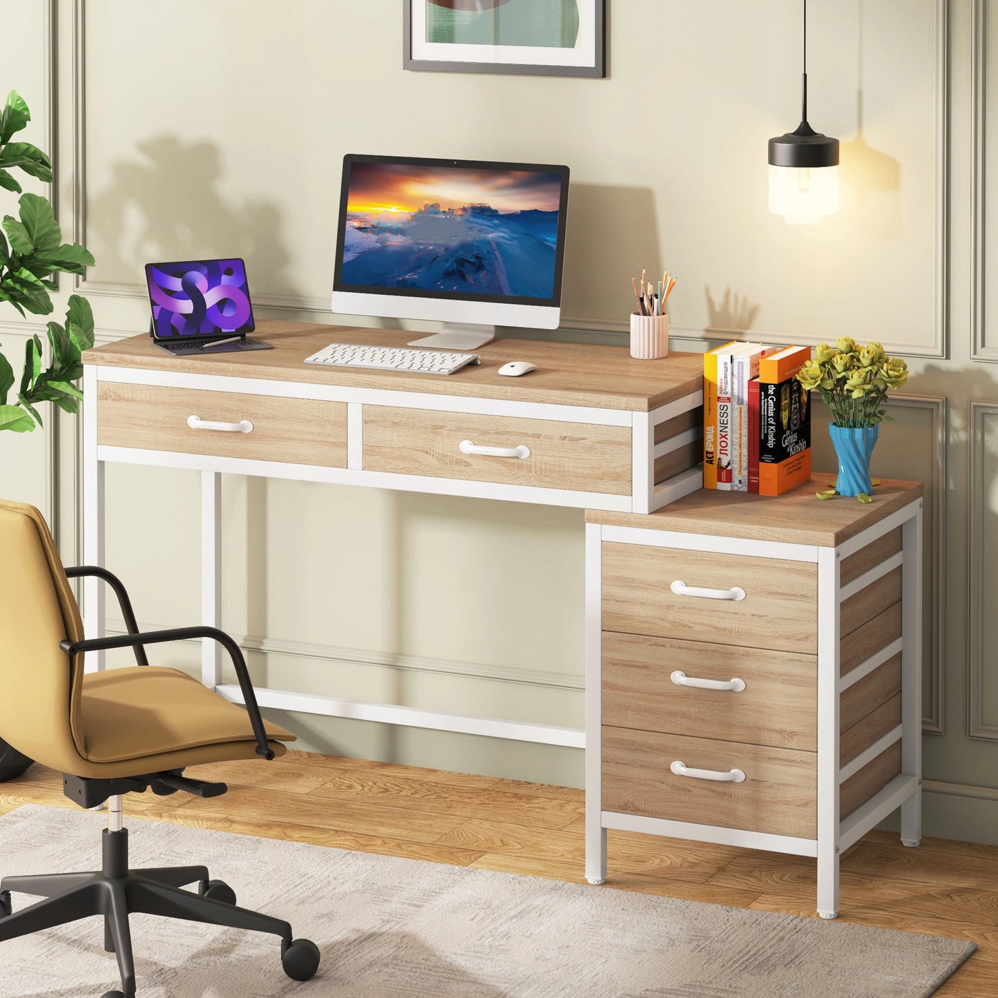 Little Tree Desk With Five Drawers Wooden Computer Table
