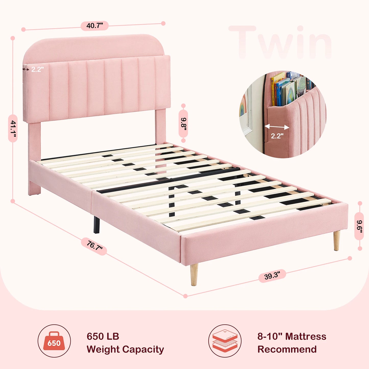 Twister.CK Velvet Upholstered Twin Bed Frame With Headboard For Kids And Girls Noise Free Durable Wooden Slats