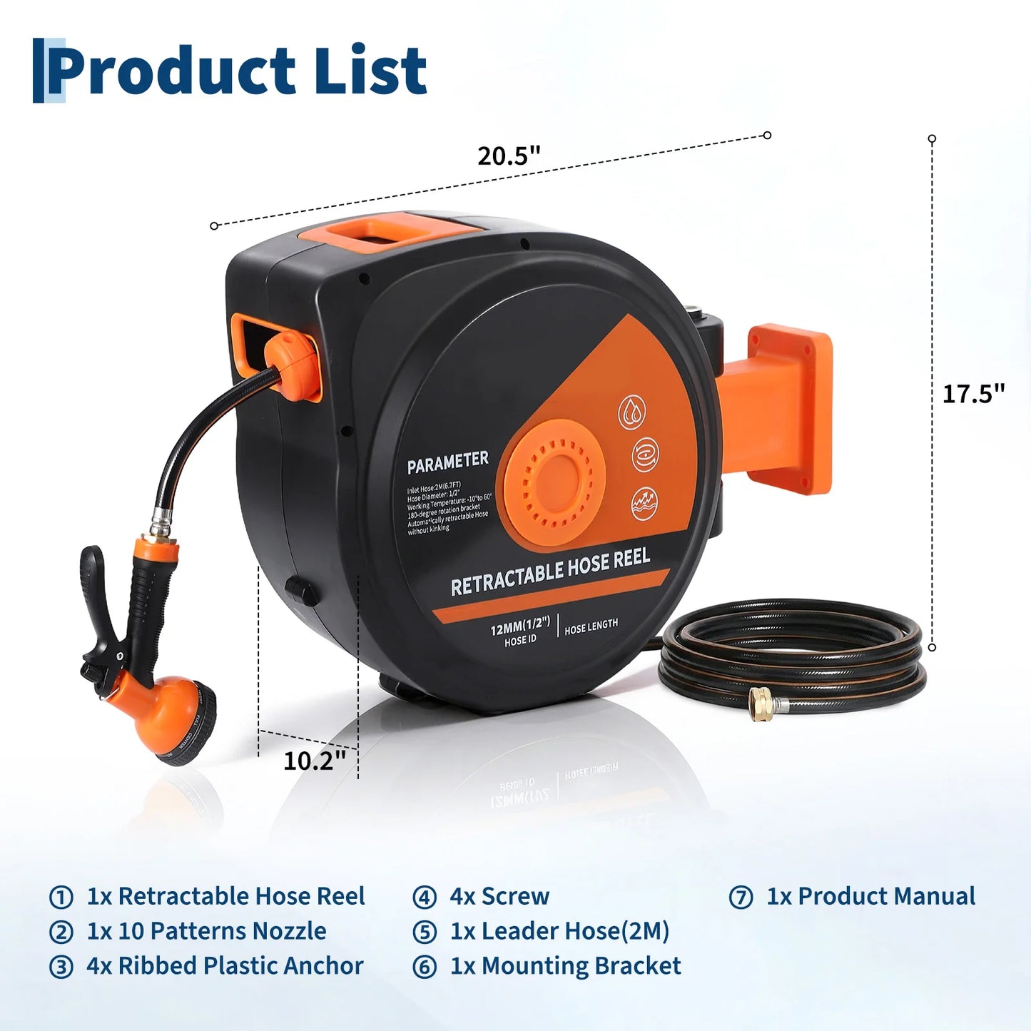 HiMISS Retractable Garden Hose Reel Wall Mounted Heavy Duty With 180 Degree Swivel Slow Retraction For Homeowners