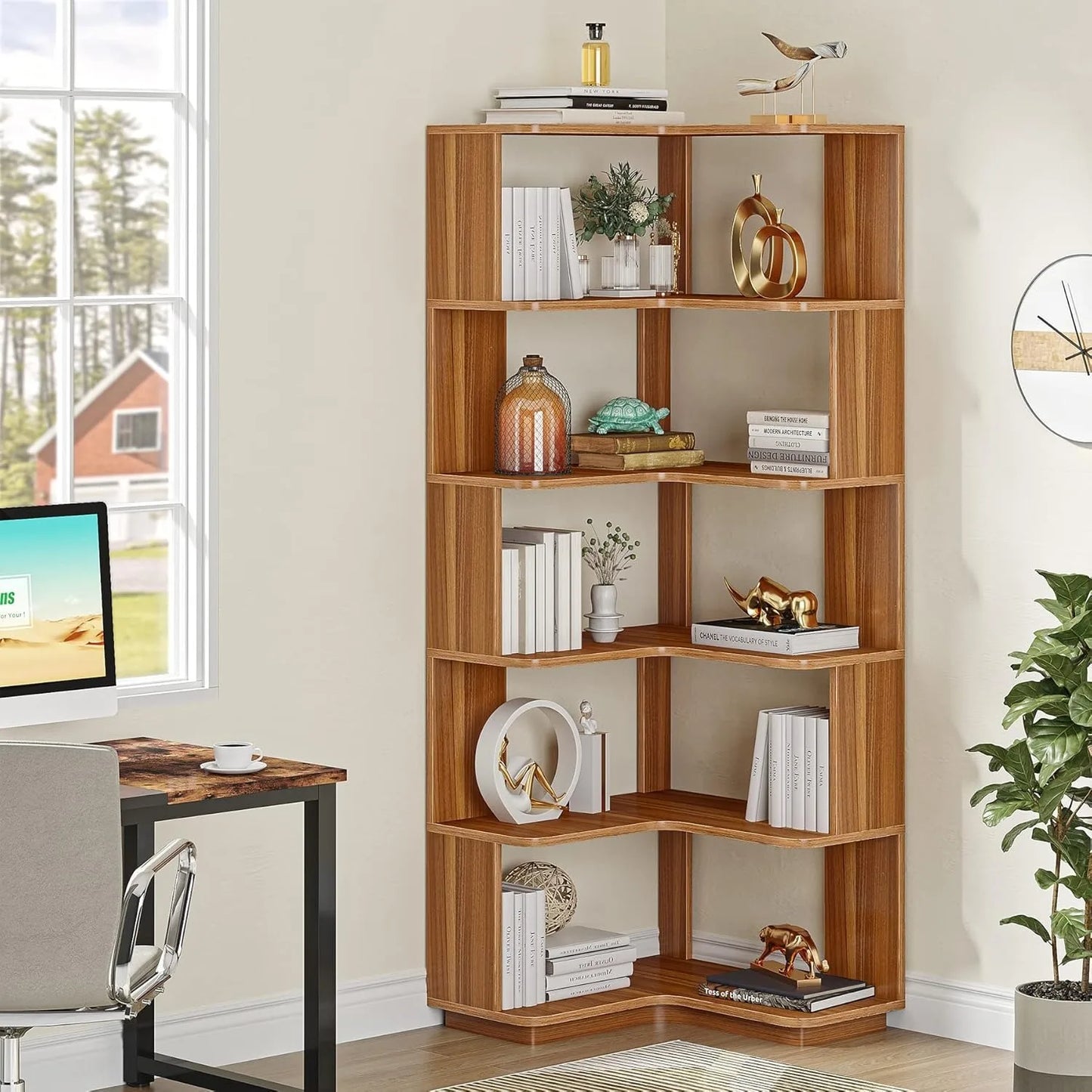 Little Tree 6-Tier L-Shaped Corner Bookshelf Industrial Anti-Drop Panel