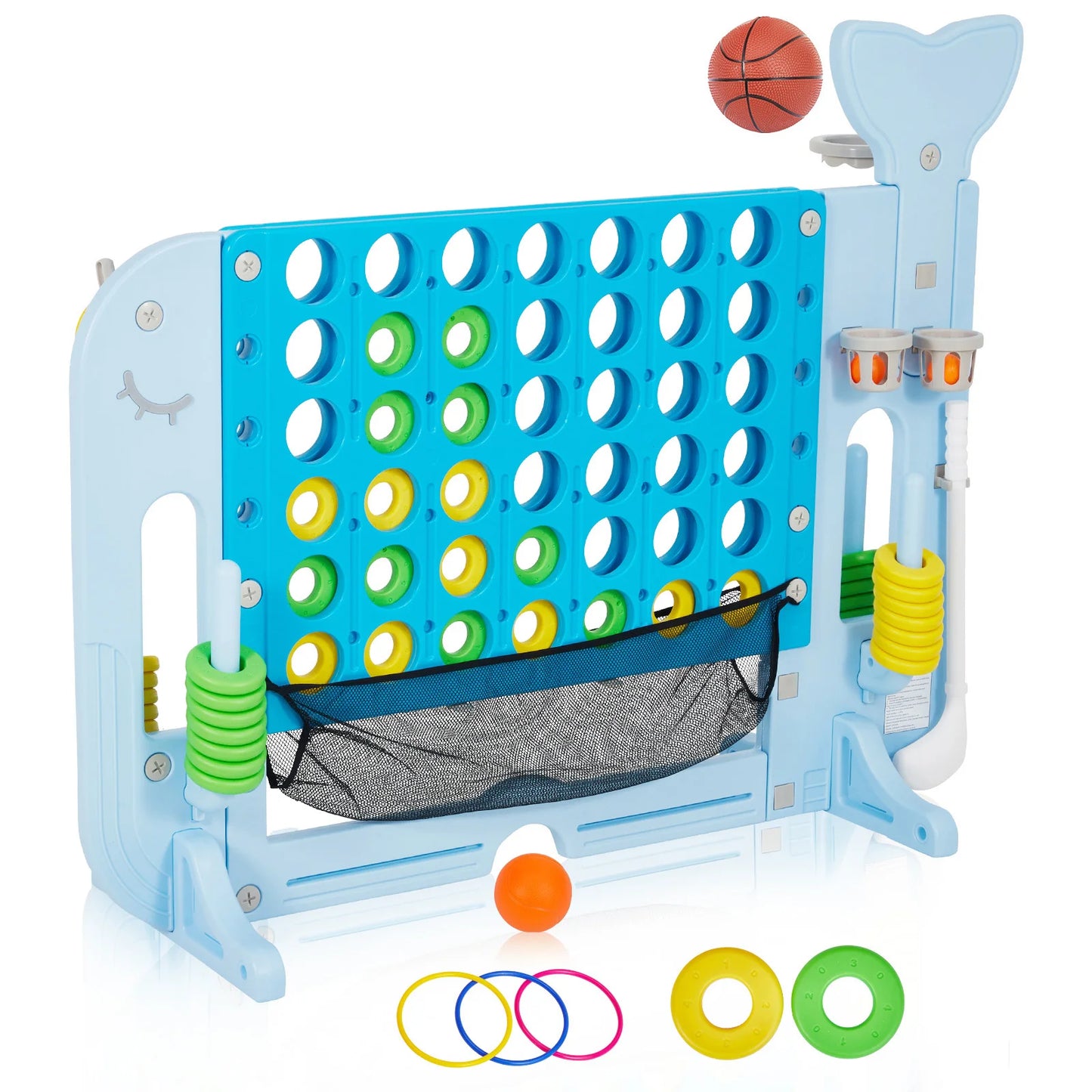 Giant 4 In 1 Outdoor Yard Game Set With Adjustable Height Basketball Hoop Ring Toss Connect Four For Family Fun