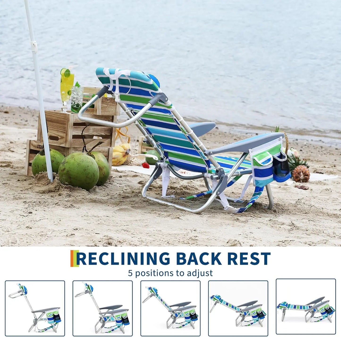 TWISTER.CK Backpack Beach Chair With 5 Reclining Positions Lay Flat Cup Holder Phone Pocket For Adults 300Lbs