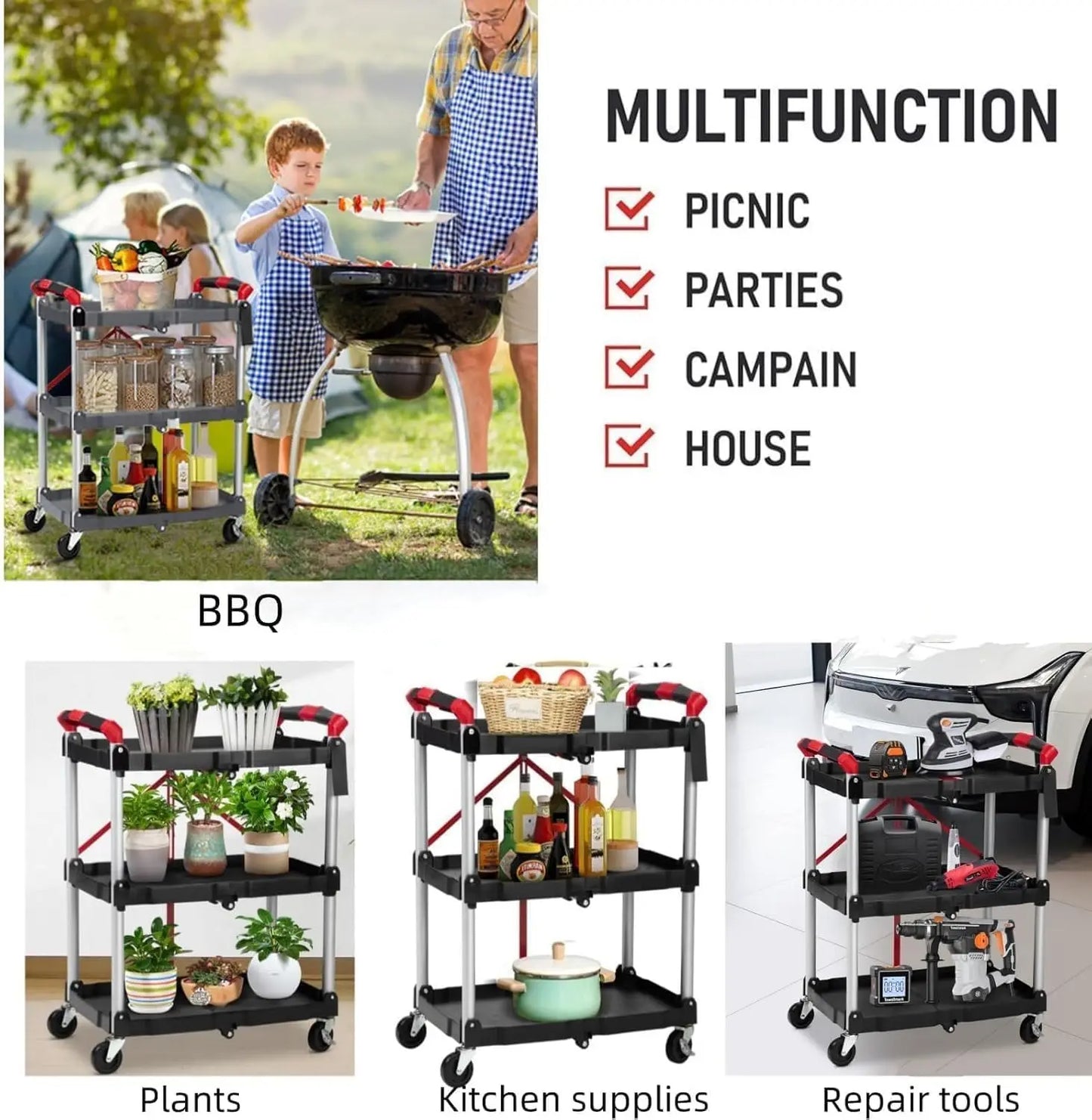TWISTER.CK Three Tier Foldable Utility Cart With Locking Wheels