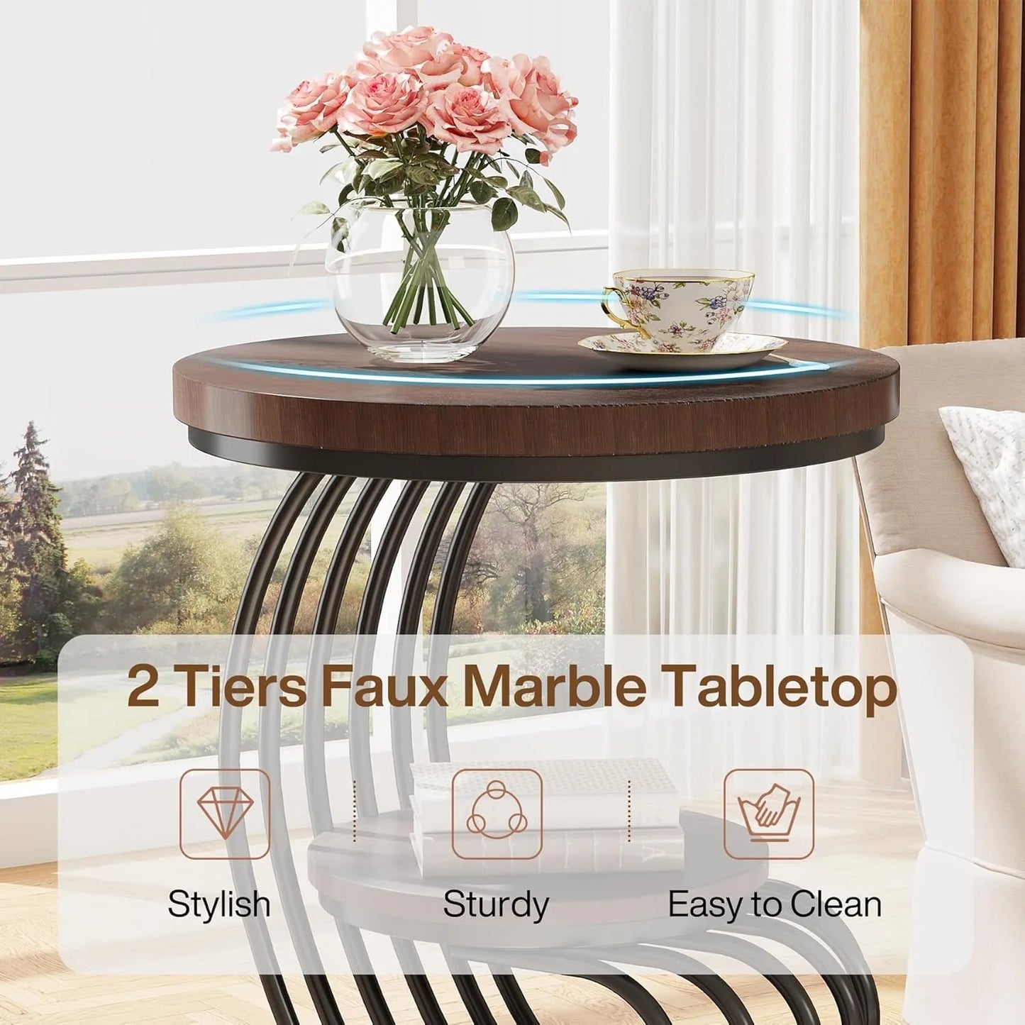 Little Tree Round End Side Table With Arc Metal Frame