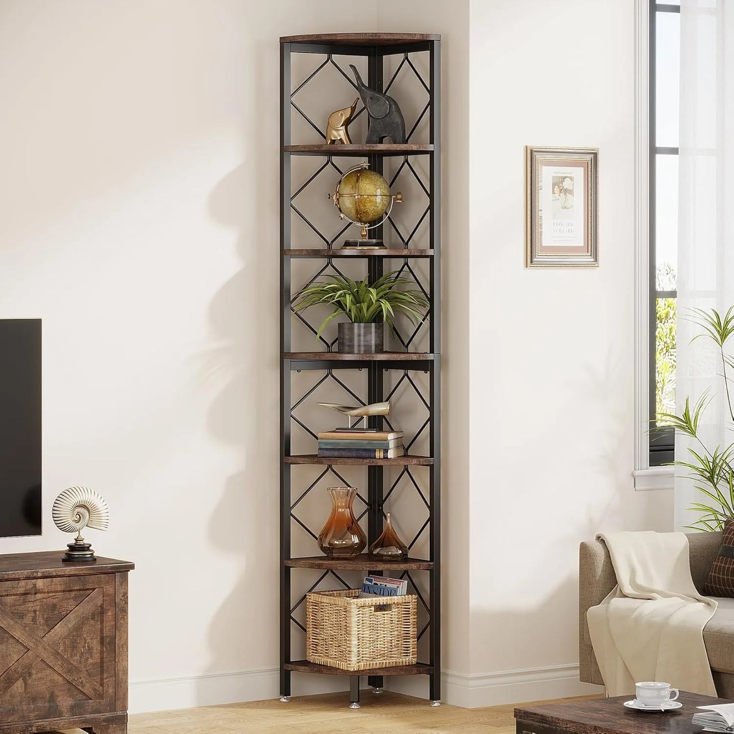 Little Tree 7-Tier Industrial Slim Corner Shelf Living Room Wood Storage Rack