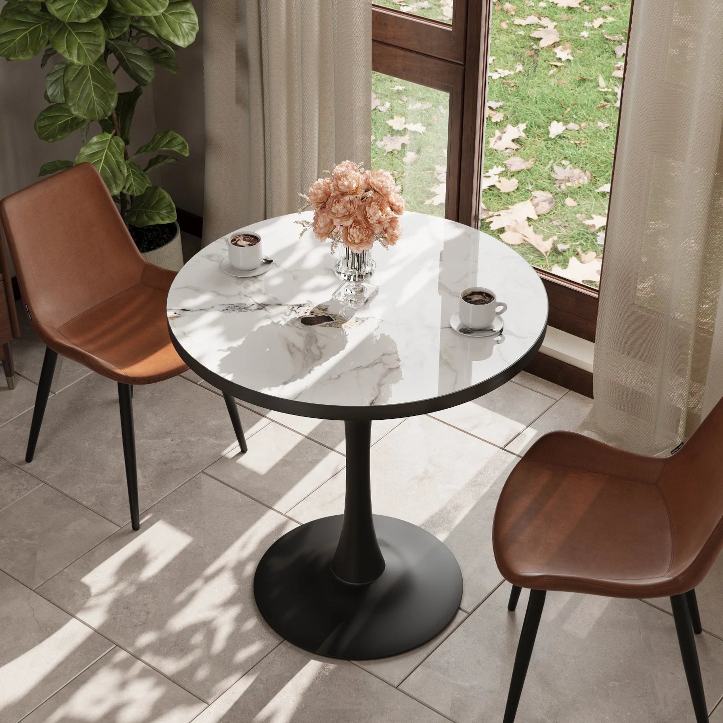 Marble Stone Round Dining Table Pedestal For 2 To 3 People