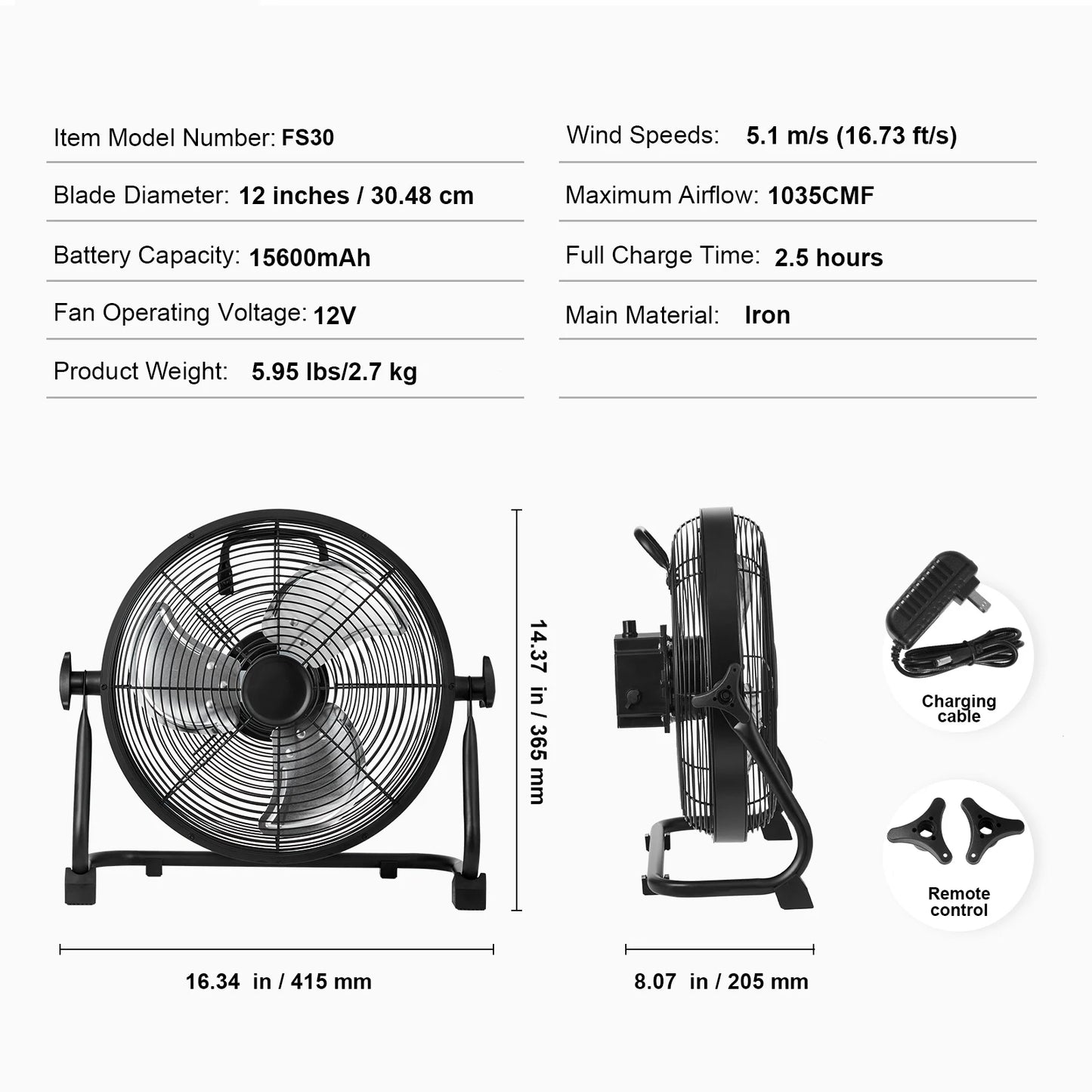 SucceBuy Cordless Fan 12 Inch Portable High Velocity Rechargeable 15600mAh With Pivoting Head For Industrial Workshops