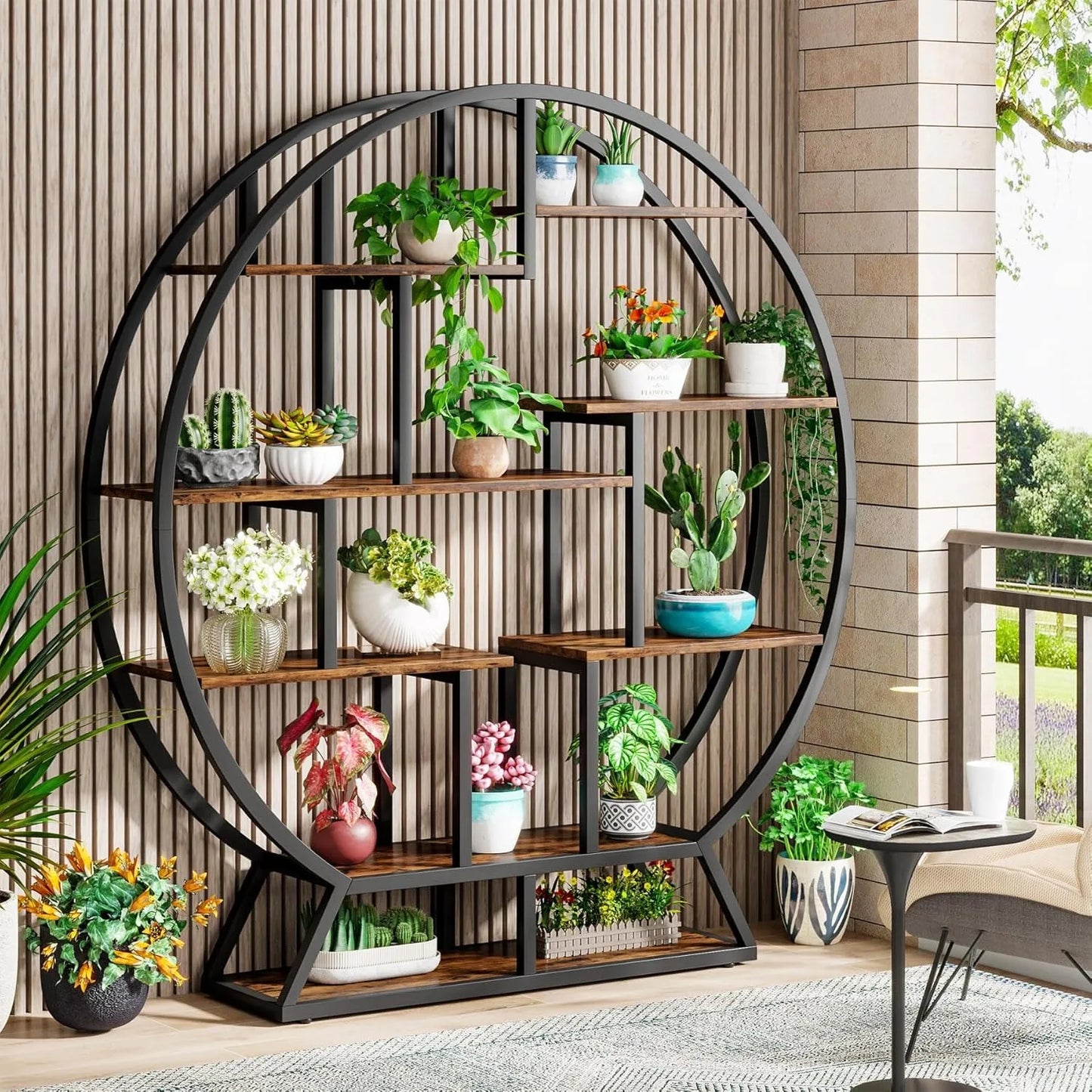 LITTLE TREE Industrial 5 Tier Round Bookcase Living Room