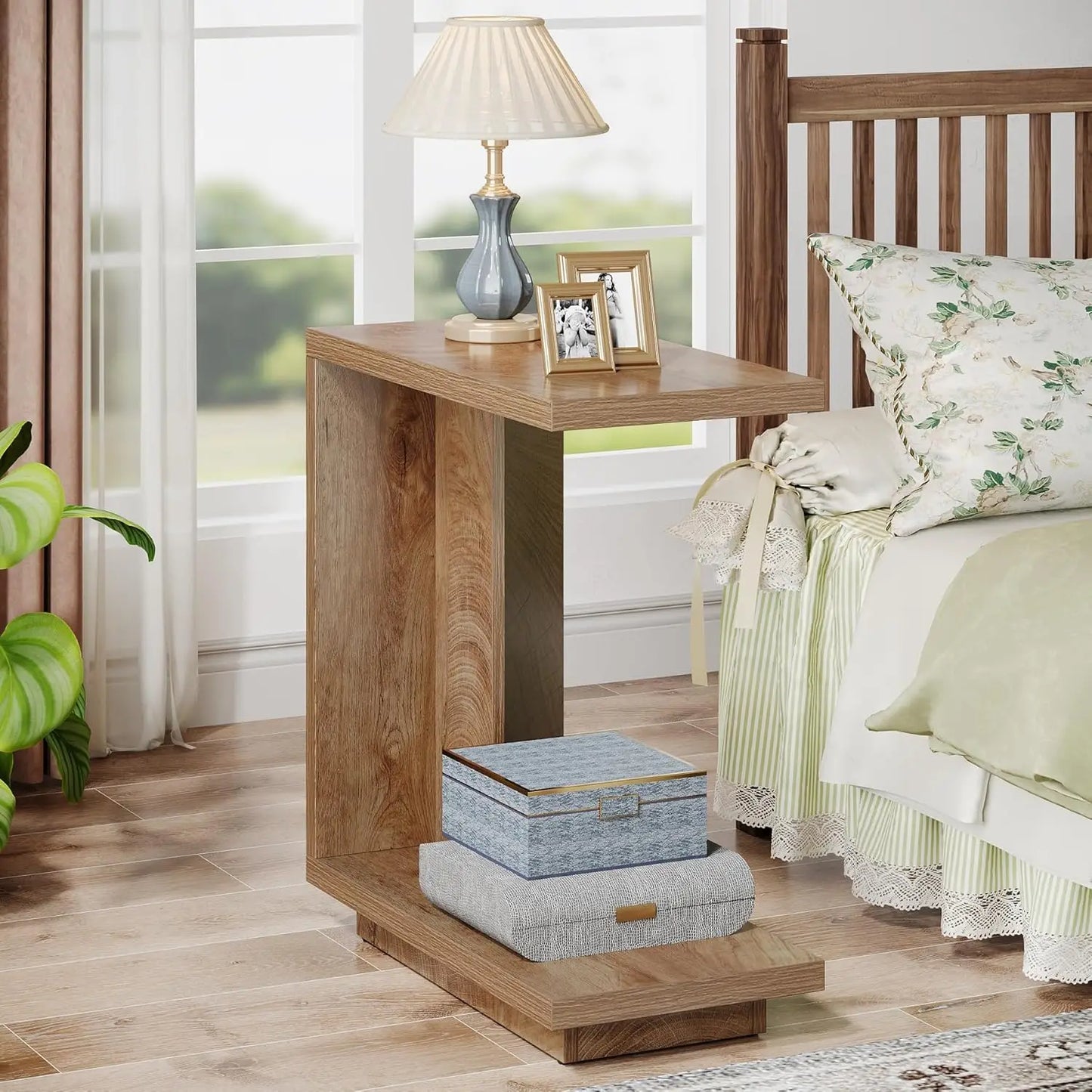 LITTLE TREE C-Shaped Side Table, 2-Tier Pedestal Industrial Sofa End Table