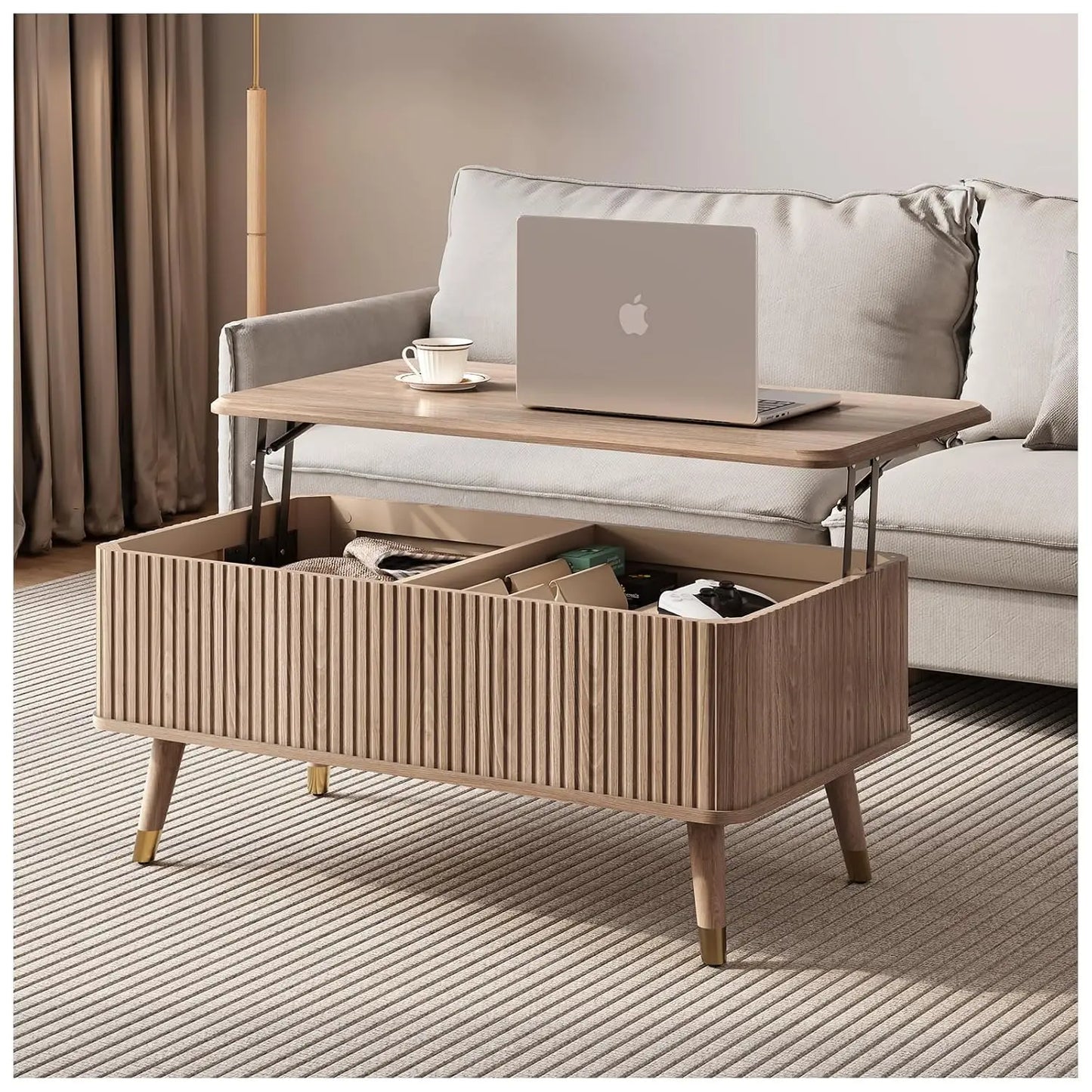 Round Coffee Table With Hidden Slidable Storage Door Modern Walnut