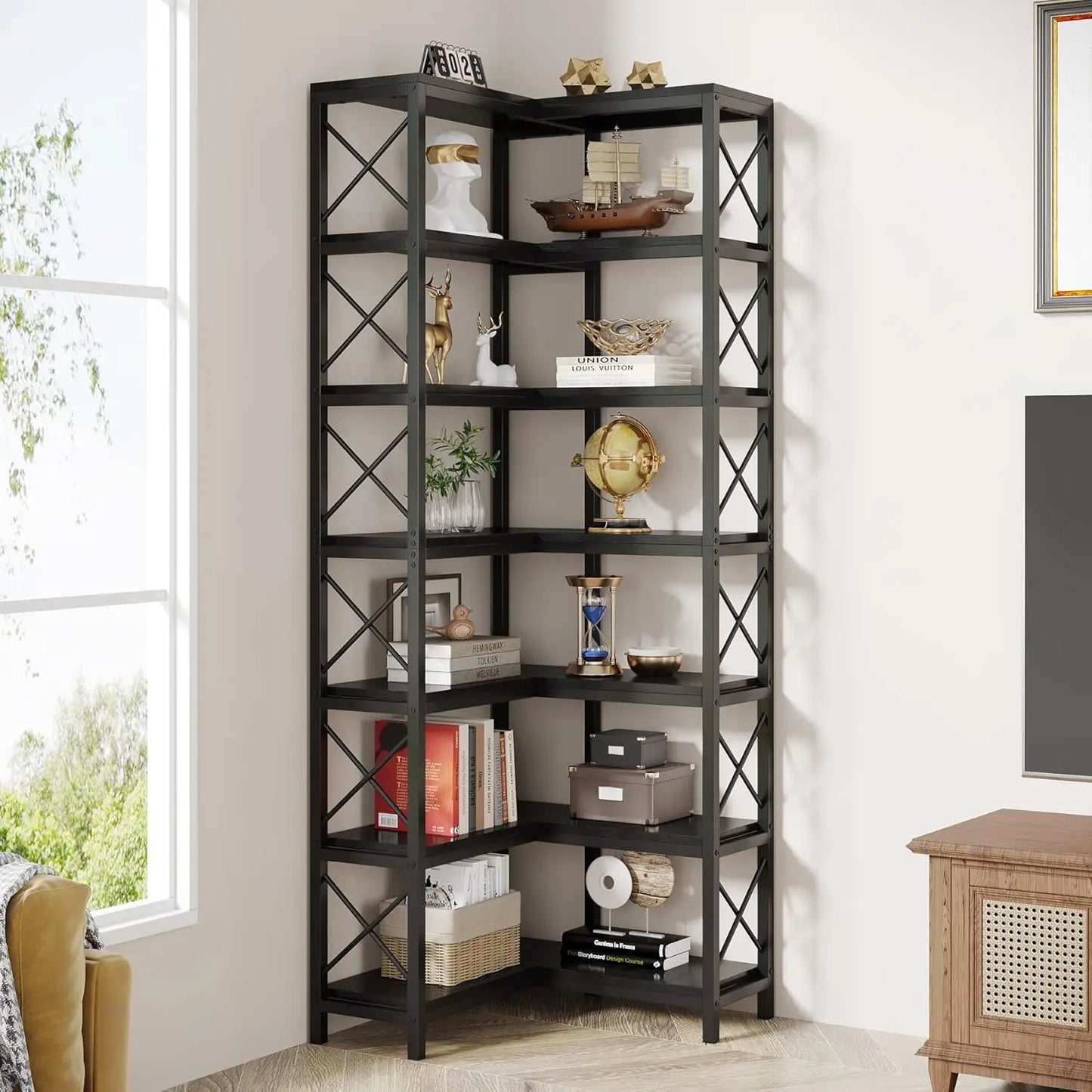 Little Tree 7 Tier Corner Bookcase With Open Metal Frame