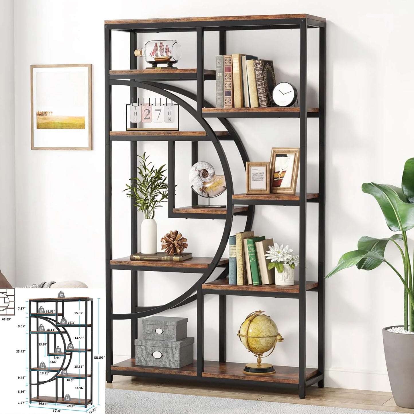 Little Tree Industrial 5 Tier Etagere Bookshelf for Living Room