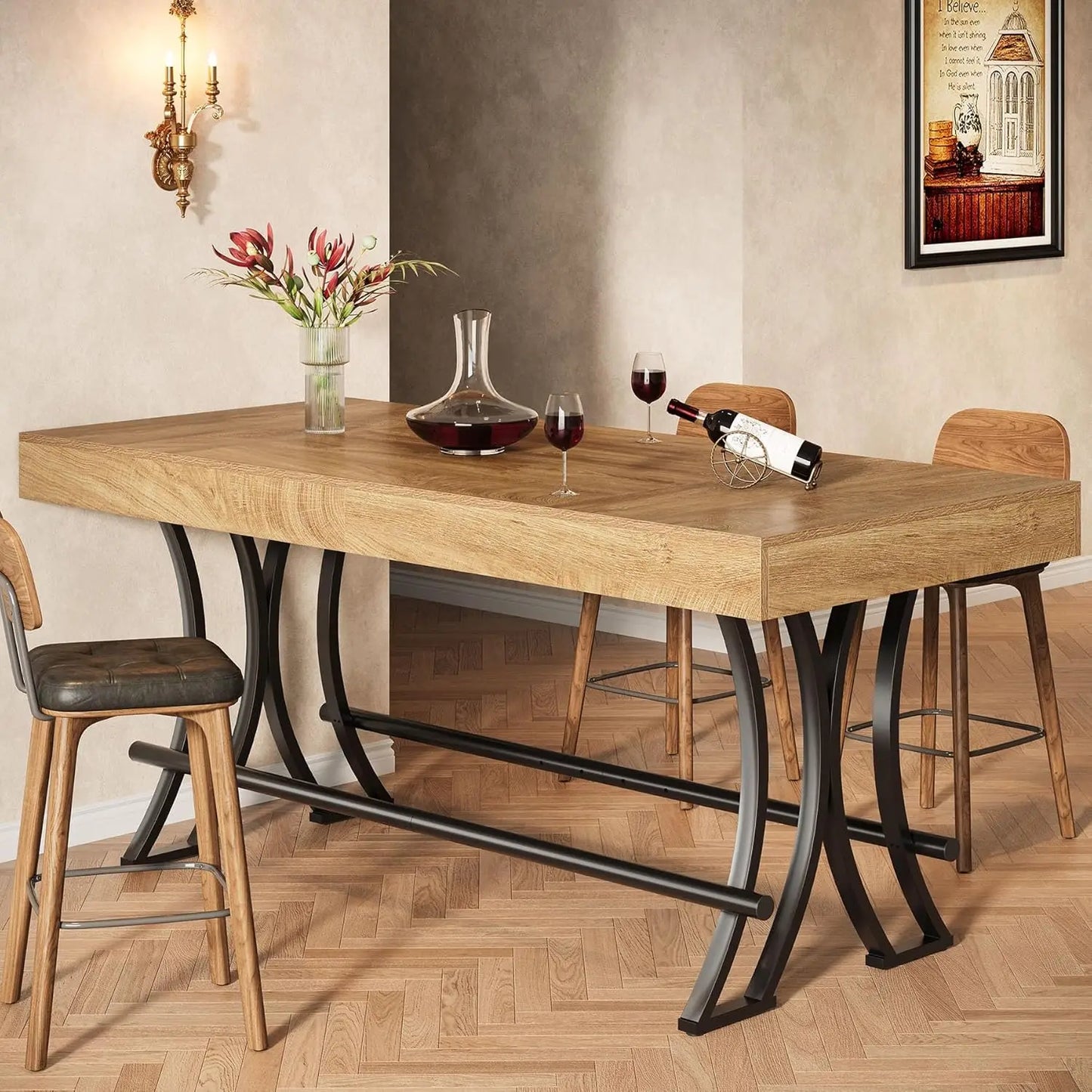 Industrial Bar Table With Metal Footrest For Home Pub Dining