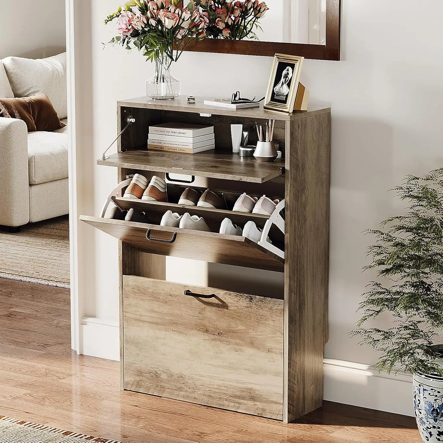 Ultra Slim Entryway Shoe Cabinet With Flip Drawers And Drop Down