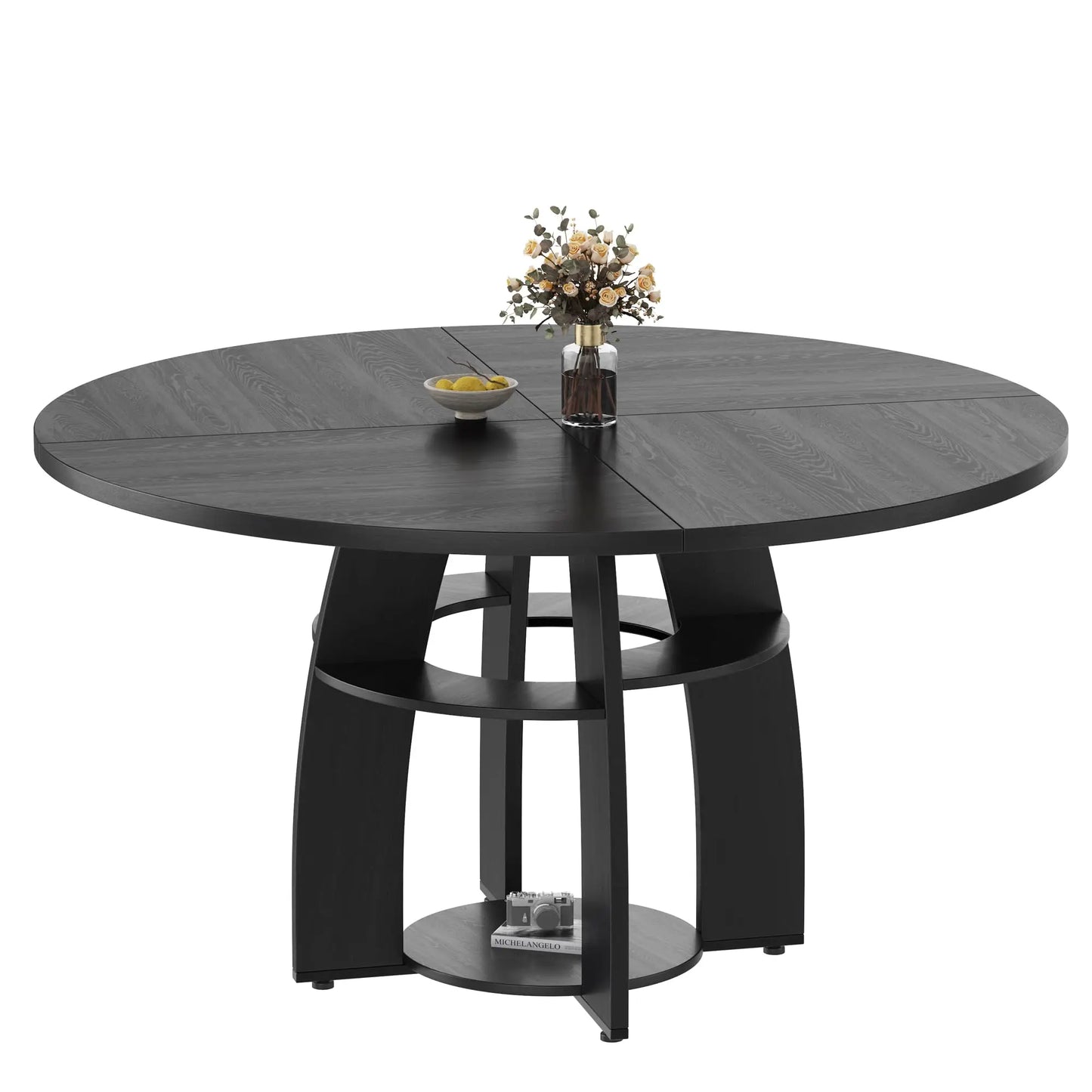 HiMISS Farmhouse Round Wood Dining Table With Storage