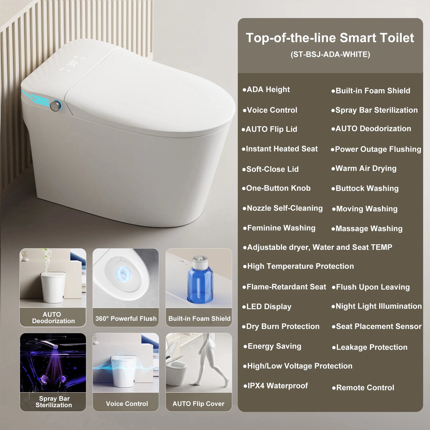 Elongated Smart Toilet Bidet With Voice Control Warm Water Dryer
