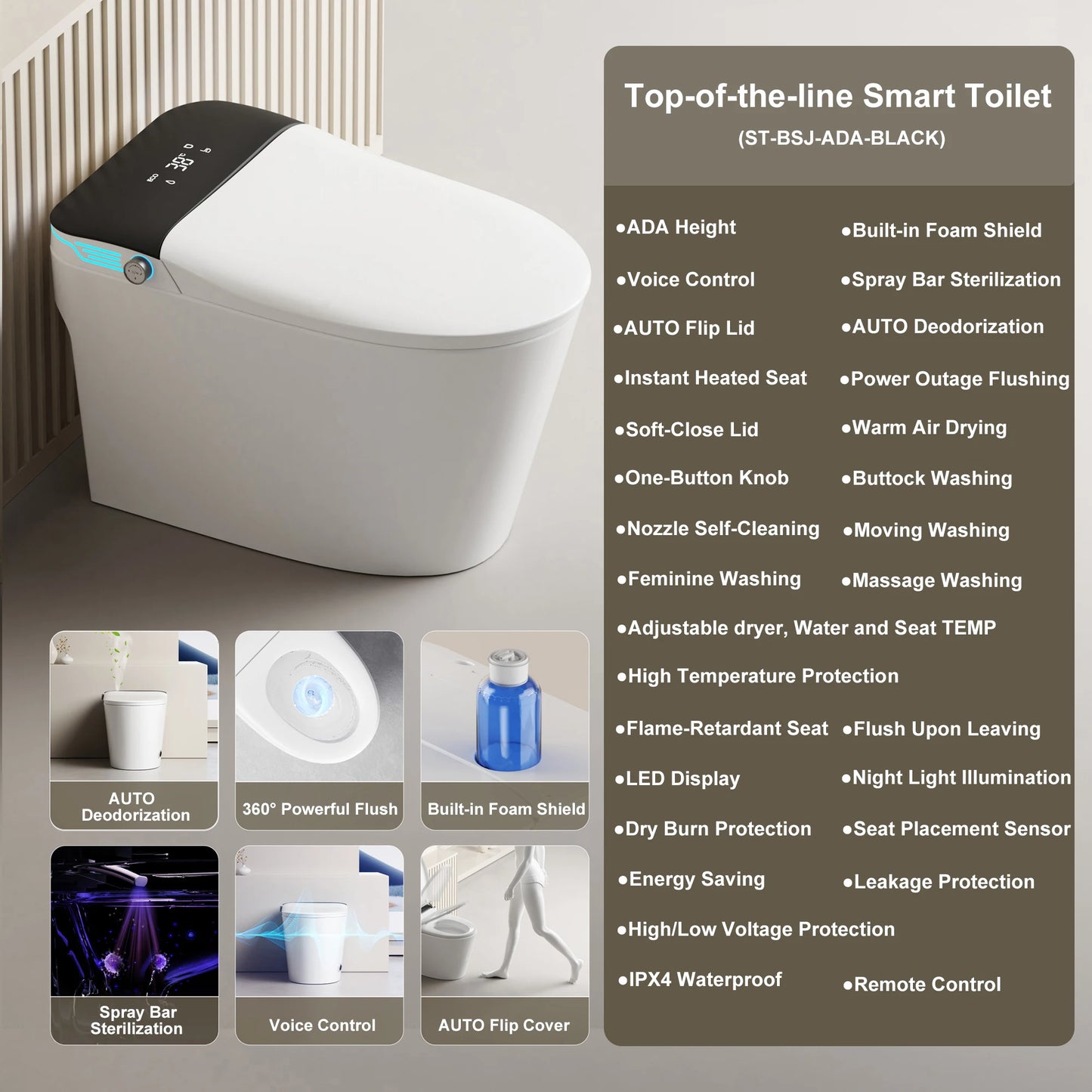Elongated Smart Toilet Bidet With Voice Control Warm Water Dryer