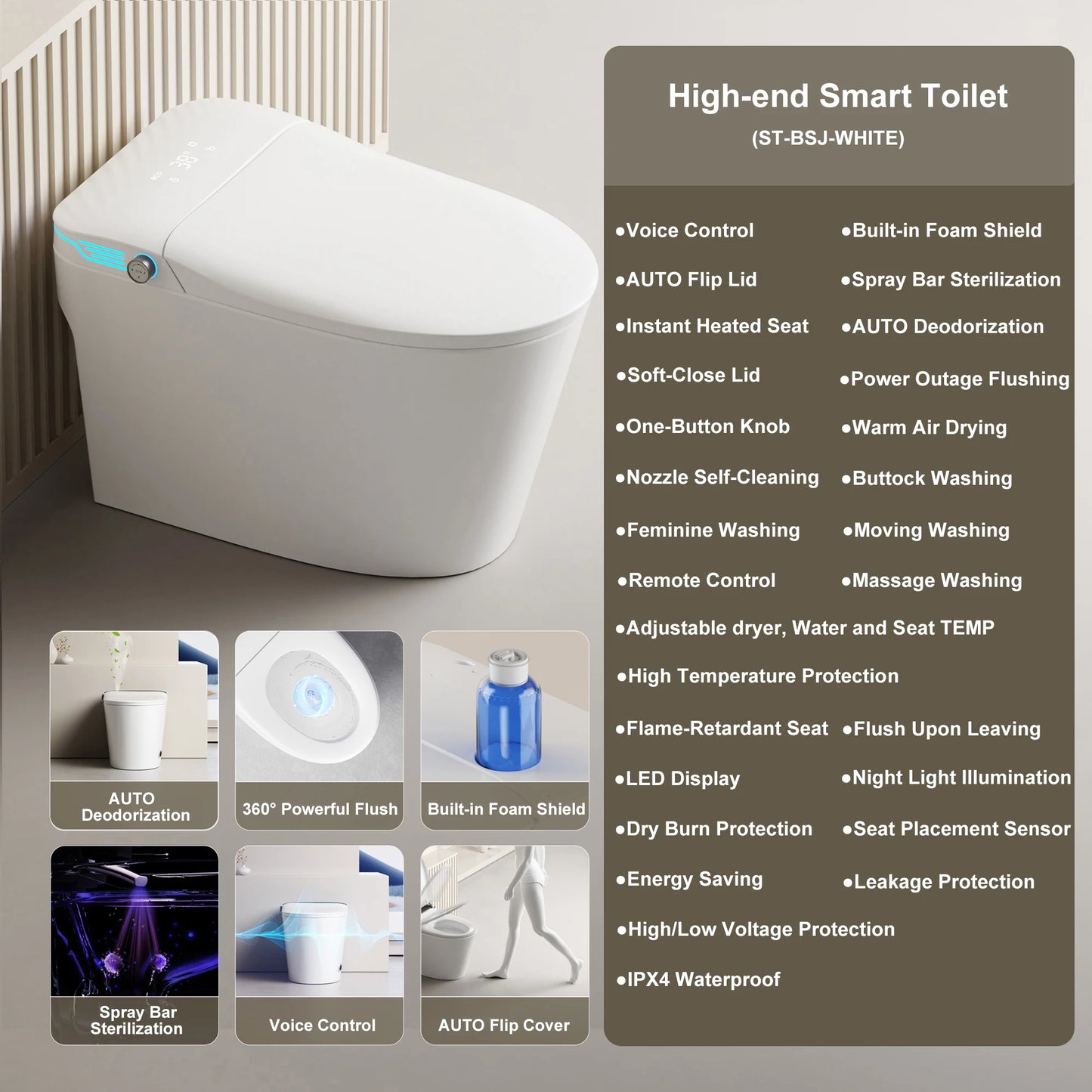 Elongated Smart Toilet Bidet With Voice Control Warm Water Dryer