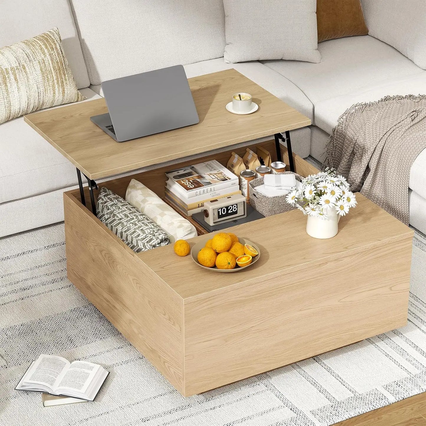 Lift Top Wood Coffee Table With Hidden Storage Solid Construction