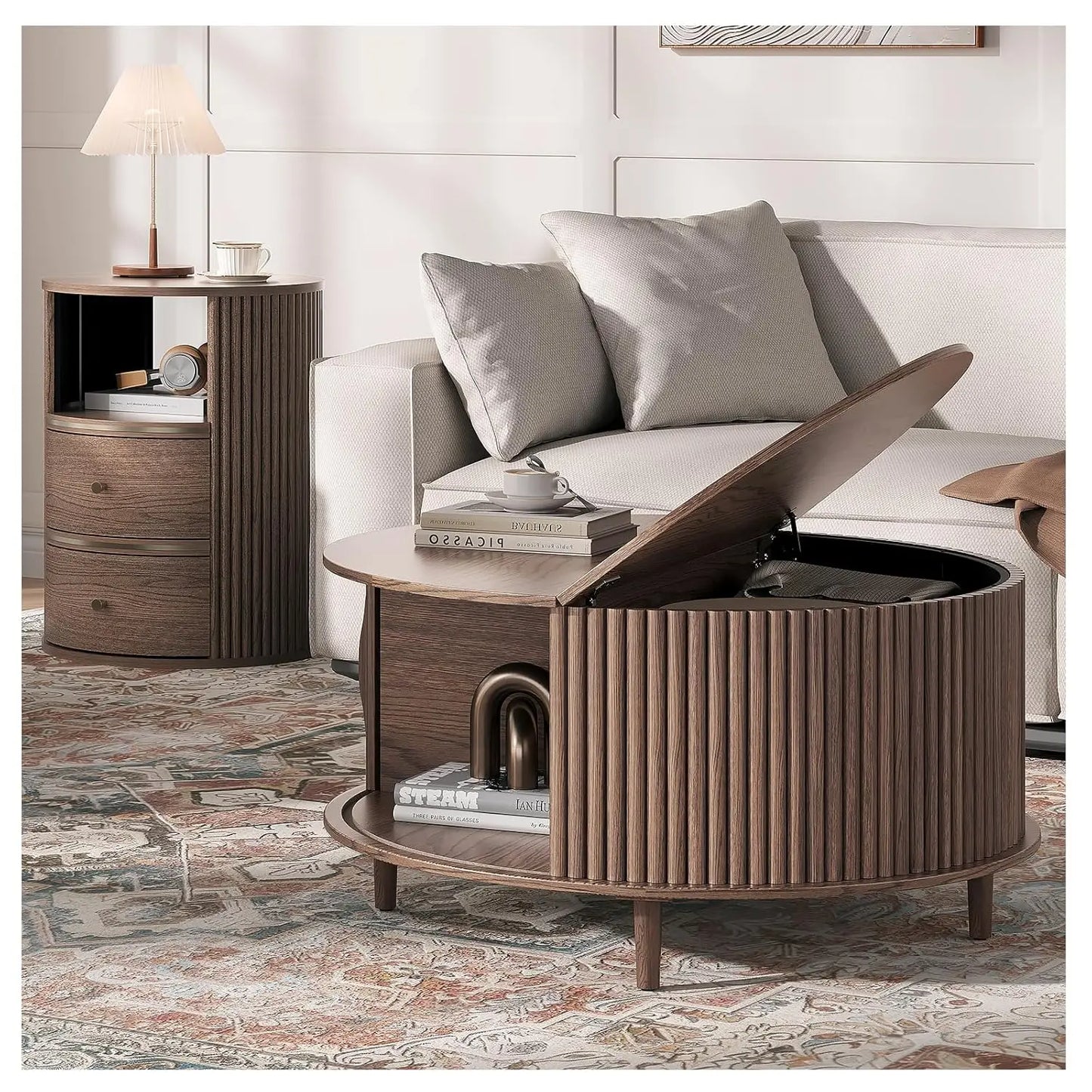 Round Coffee Table With Hidden Slidable Storage Door Modern Walnut
