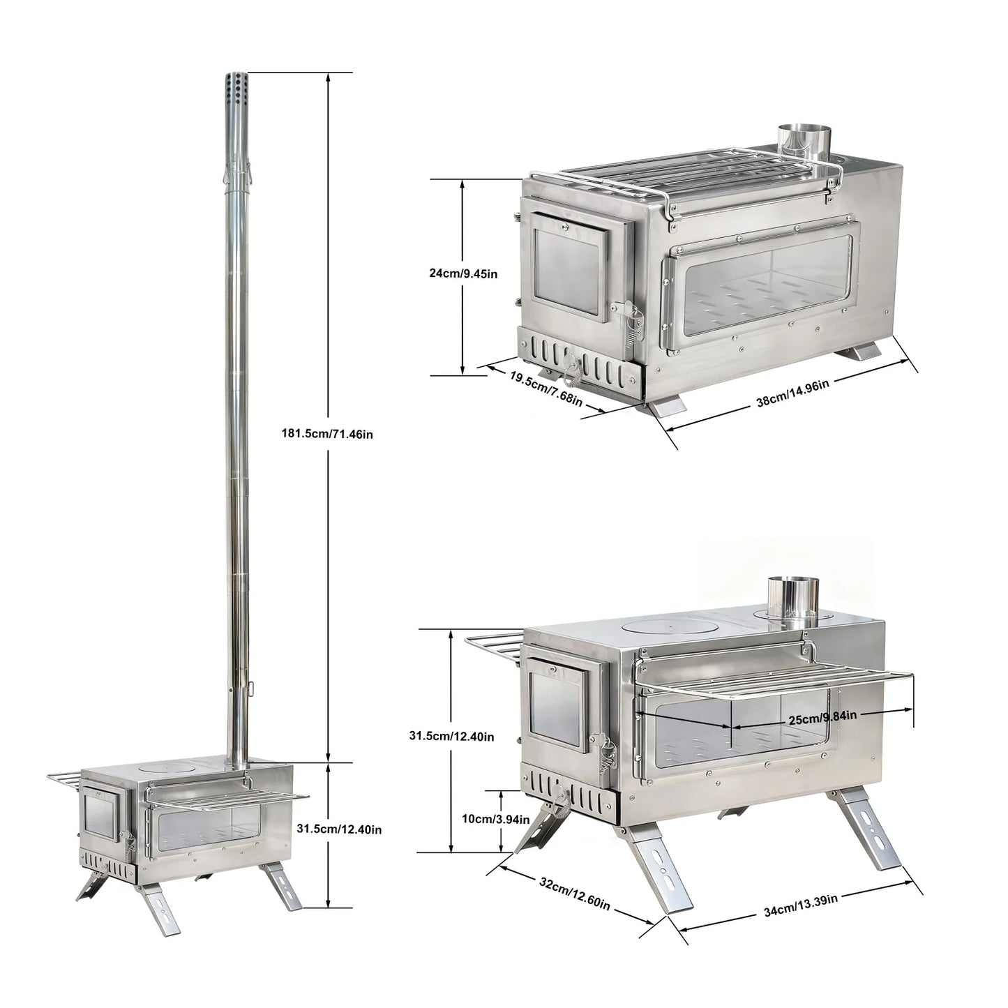 Portable Camping Wood Stove Stainless Steel With 7 Chimney Pipes