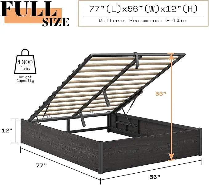 Lift Up Storage Bed Frame With Solid Wood Slats Platform