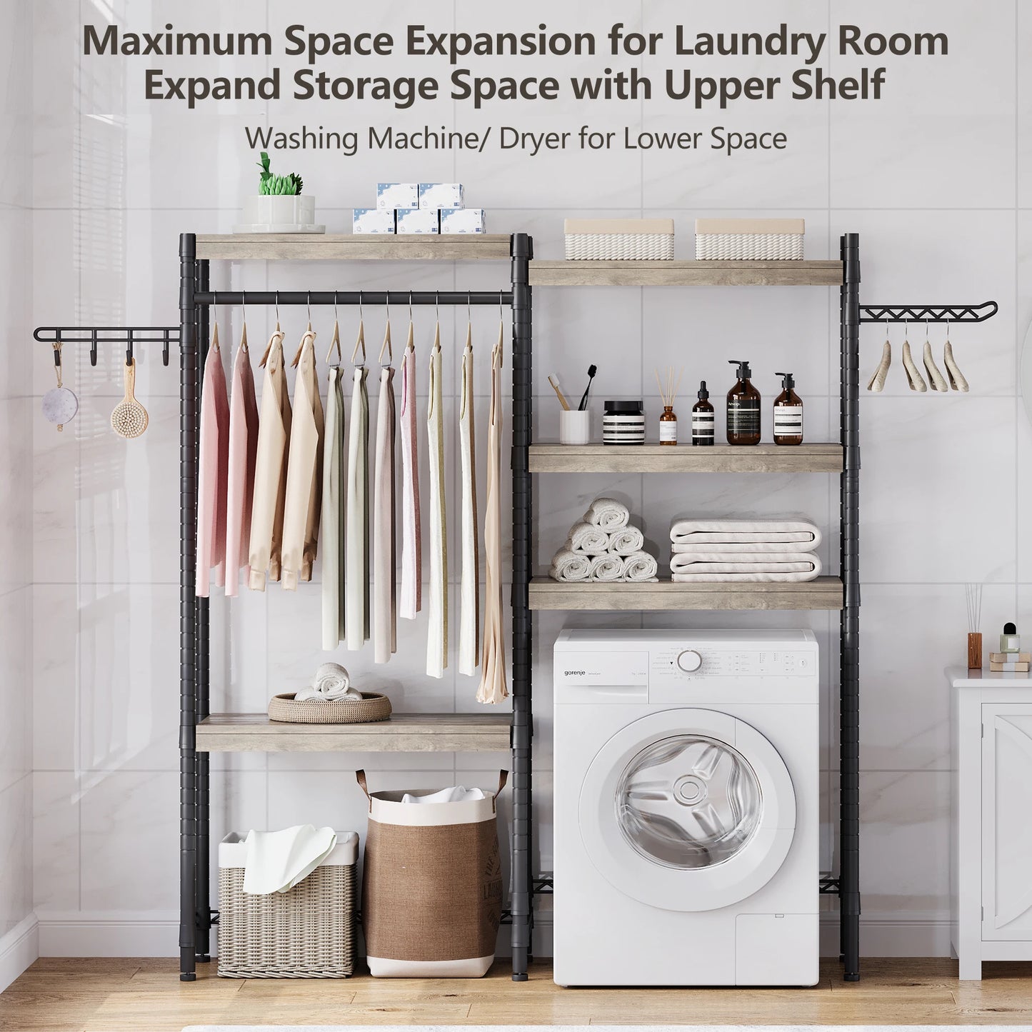 Over Washer Dryer Shelf 5 Tier Wood Laundry Organizer With Adjustable Height And Drying Rack Twisterck For Laundry Rooms