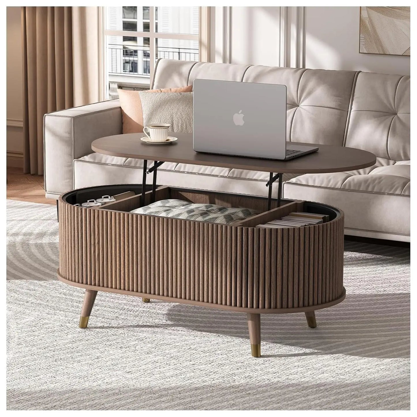 Round Coffee Table With Hidden Slidable Storage Door Modern Walnut