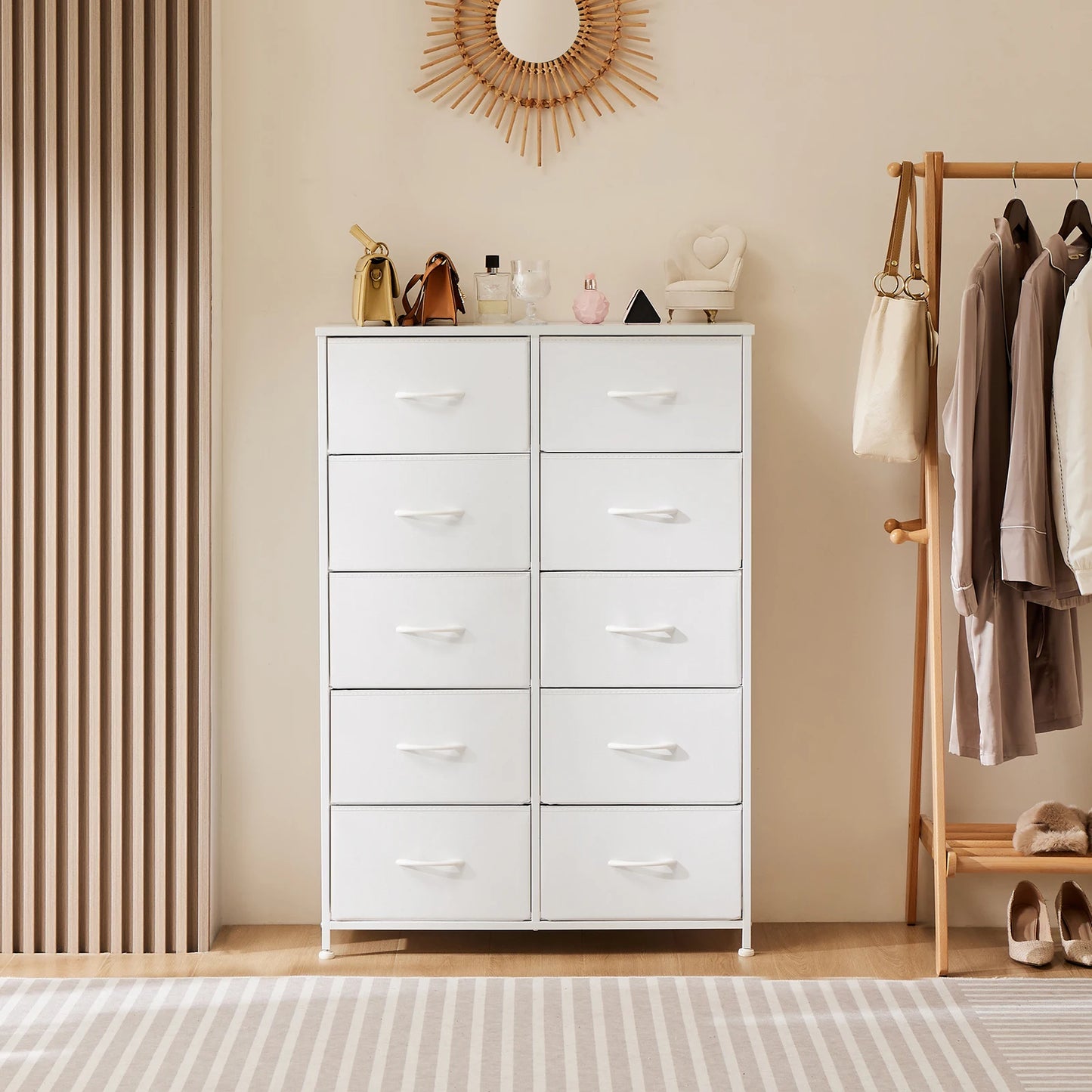 JHK Bedside Table With Fabric Drawers Wardrobe Steel Frame Storage