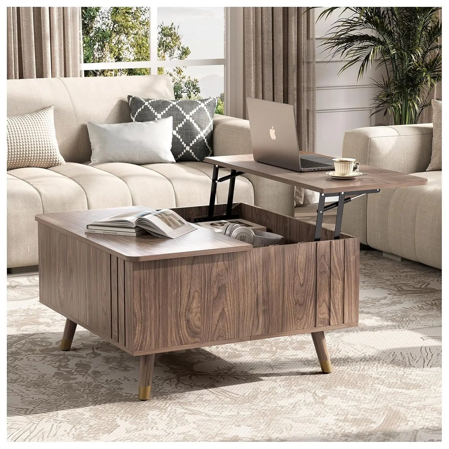 Round Coffee Table With Hidden Slidable Storage Door Modern Walnut