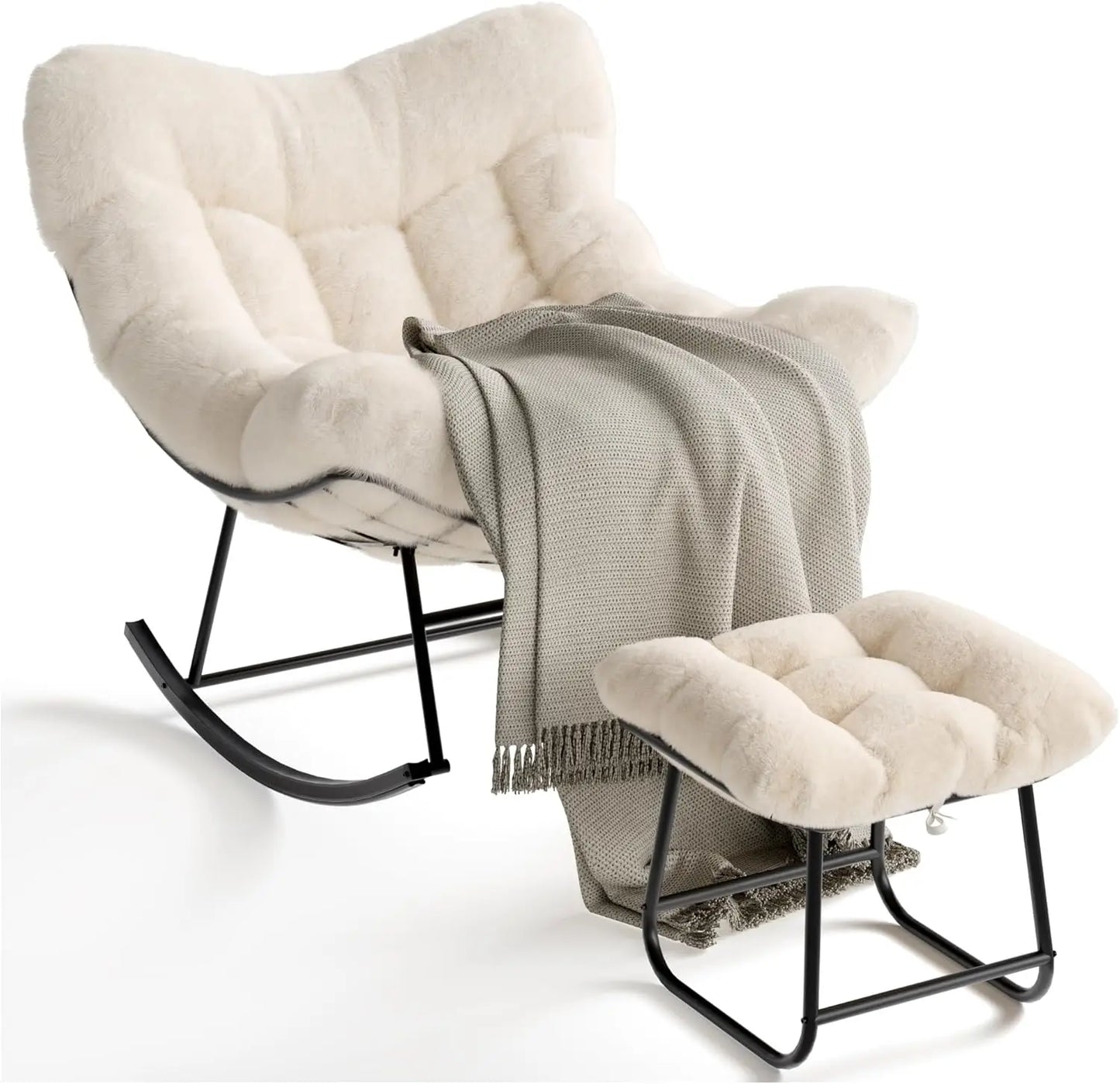 TWISTER.CK Outdoor Papasan Rocking Chair With Footrest 350 Lb Capacity Premium Balcony Patio Lounge For Adults