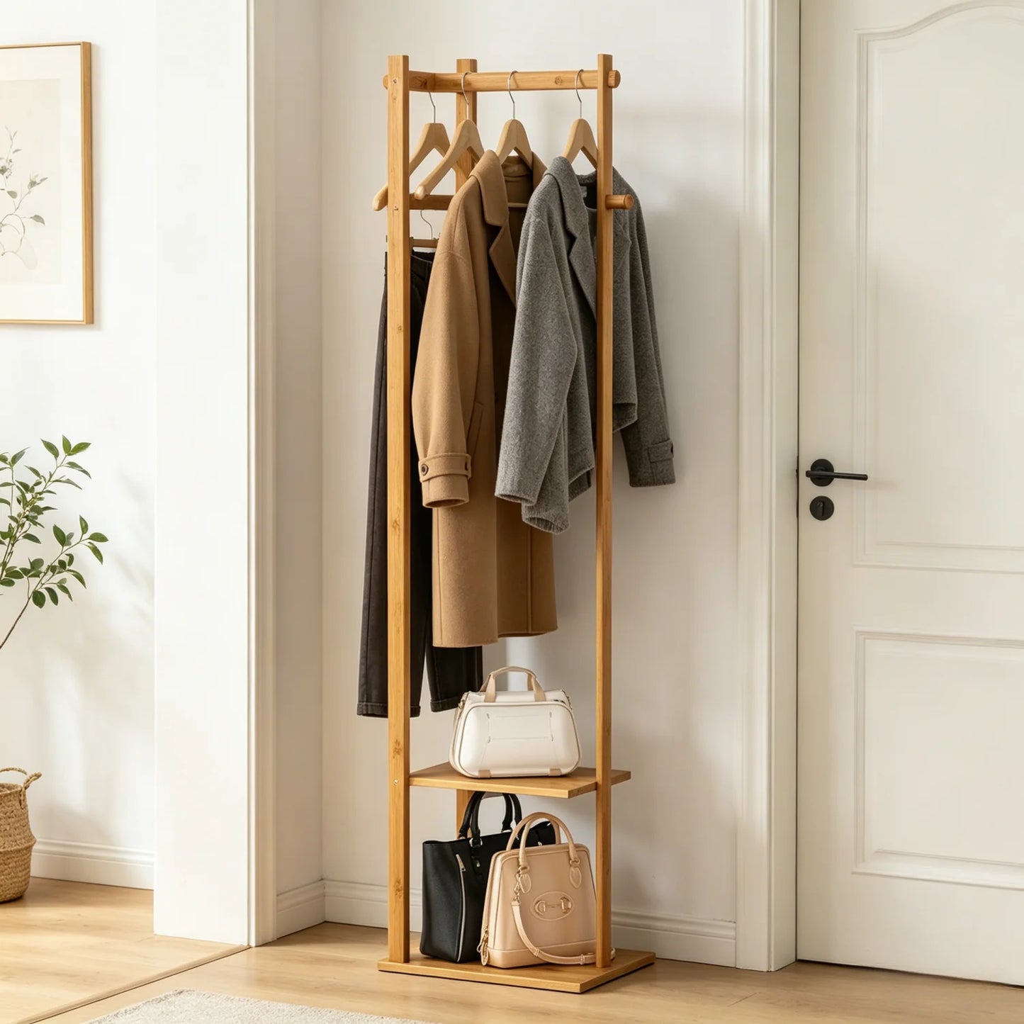 Bamboo Corner Coat Rack With Two Tier Shelves And Hanger Hooks