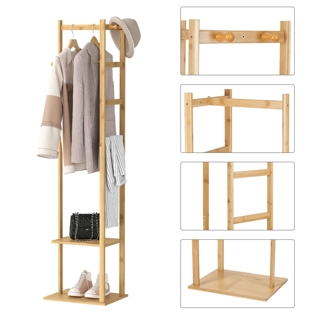 Bamboo Corner Coat Rack With Two Tier Shelves And Hanger Hooks