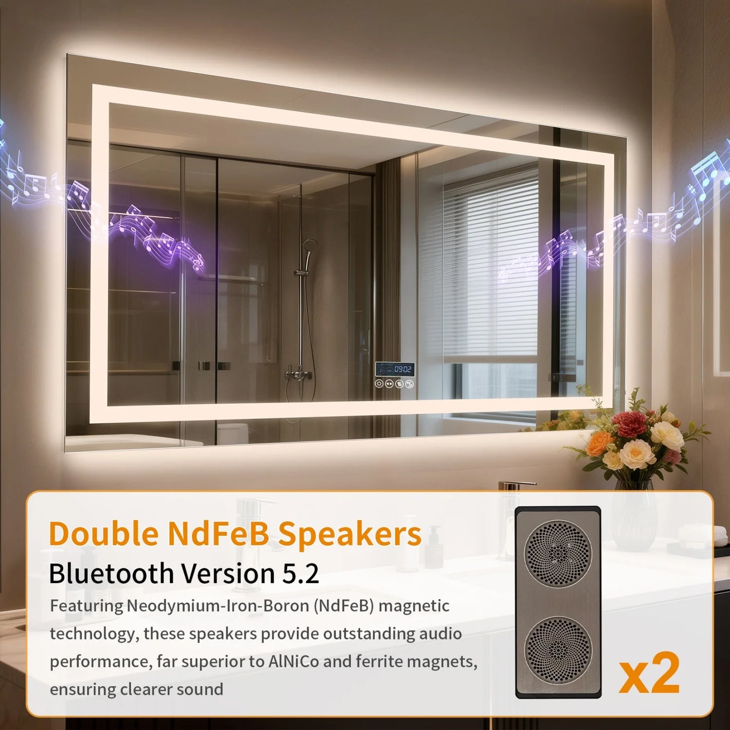 Bluetooth LED Bathroom Mirror With Dual Speaker Digital Display Antifog