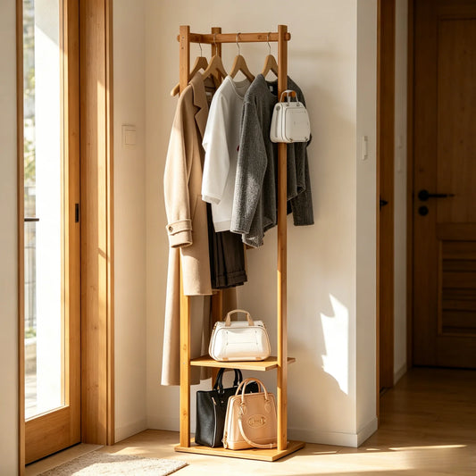 Bamboo Corner Coat Rack With Two Tier Shelves And Hanger Hooks