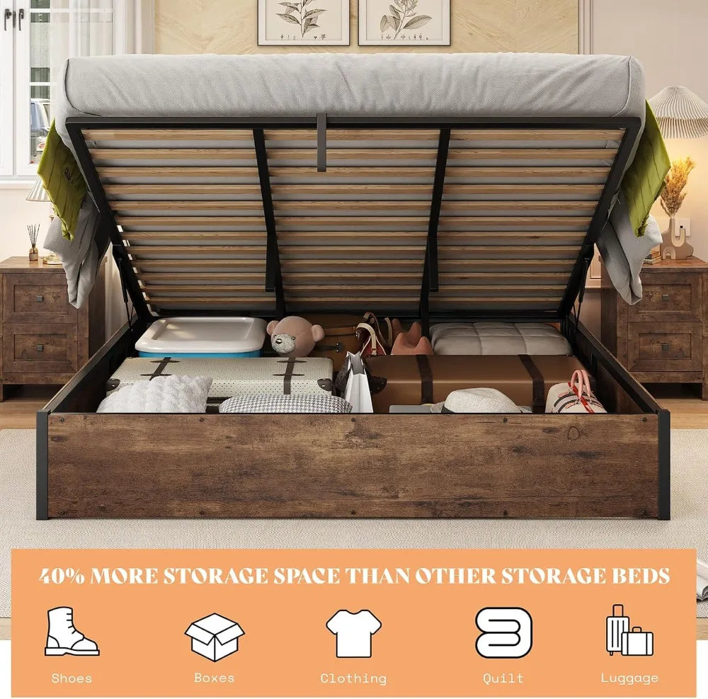 Lift Up Storage Bed Frame With Solid Wood Slats Platform
