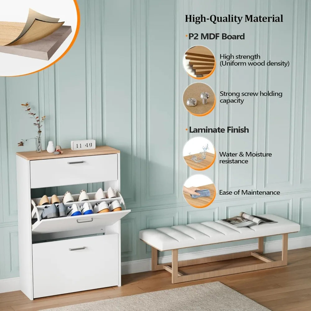 Ultra Slim Entryway Shoe Cabinet With Flip Drawers And Drop Down