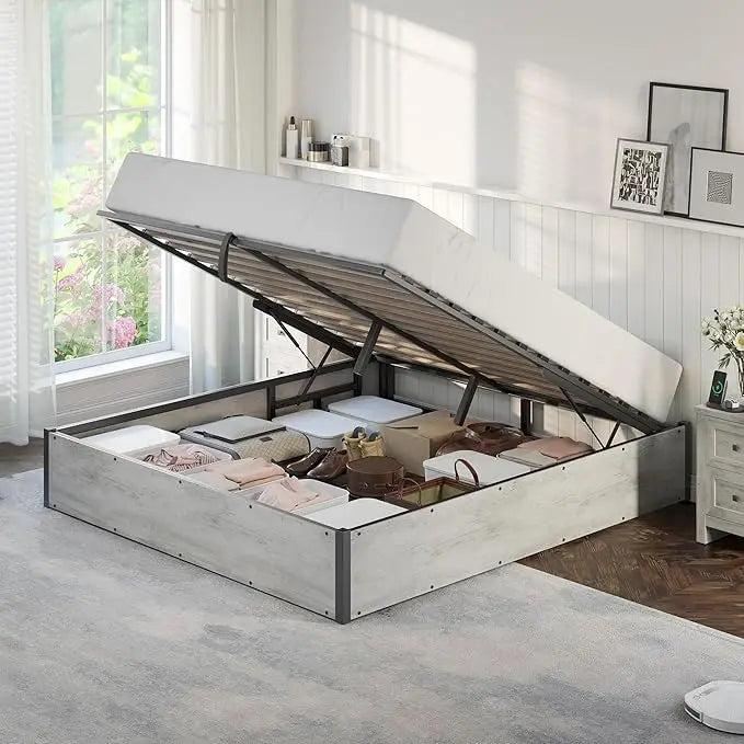 Lift Up Storage Bed Frame With Solid Wood Slats Platform