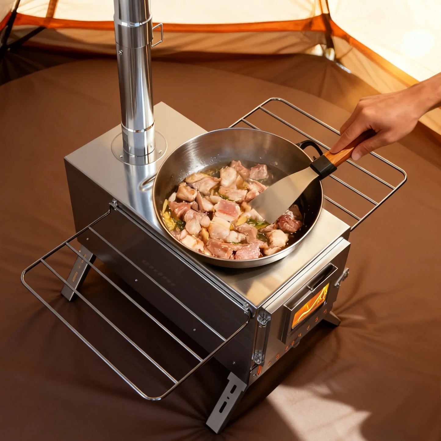 Portable Camping Wood Stove Stainless Steel With 7 Chimney Pipes