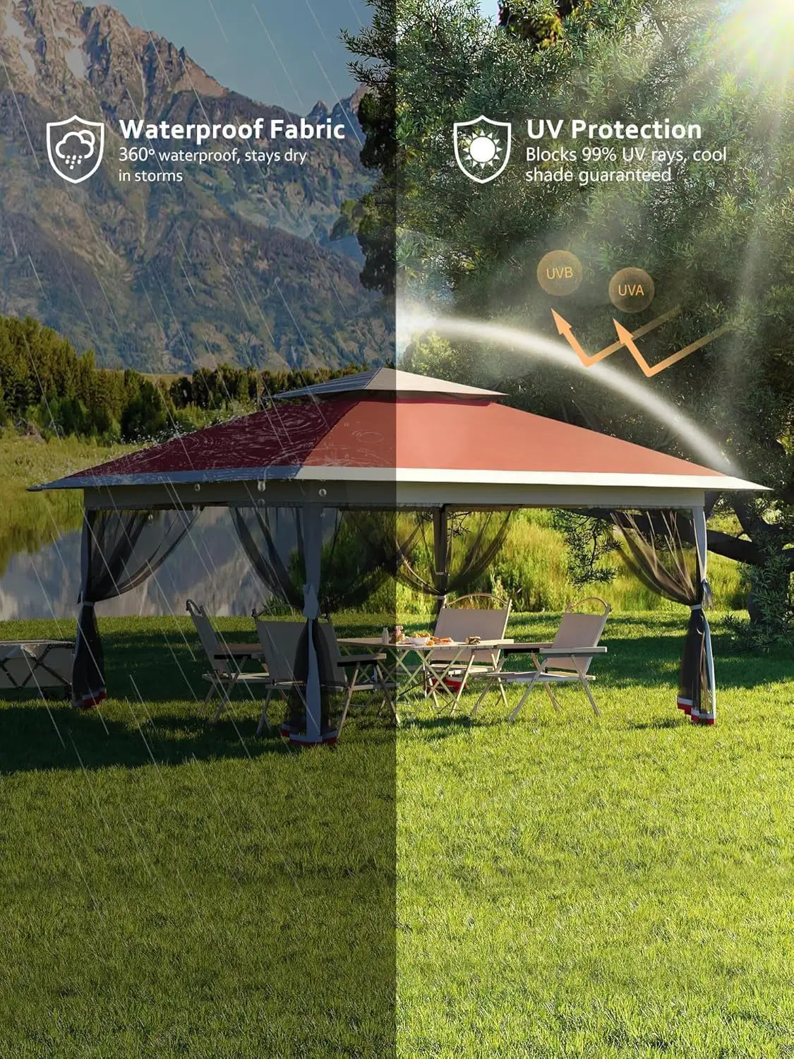13x13 Ft Pop Up Gazebo With Cantilevered Eaves Awning And One Touch Roll Up Canopy Backyard Mosquito Netting