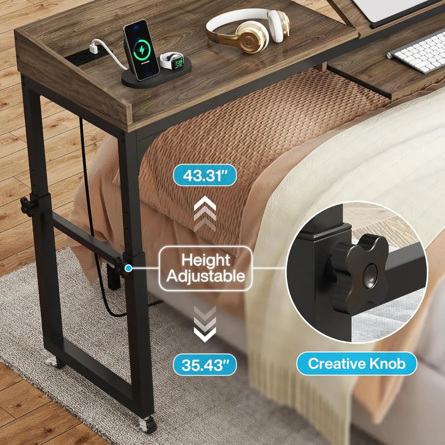 Little Tree Height Adjustable Overbed Table on Wheels for Laptop