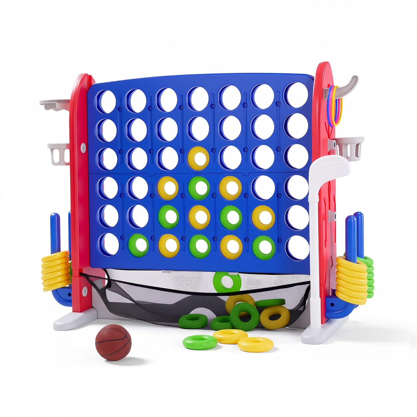 Giant 4 In 1 Outdoor Yard Game Set With Adjustable Height Basketball Hoop Ring Toss Connect Four For Family Fun