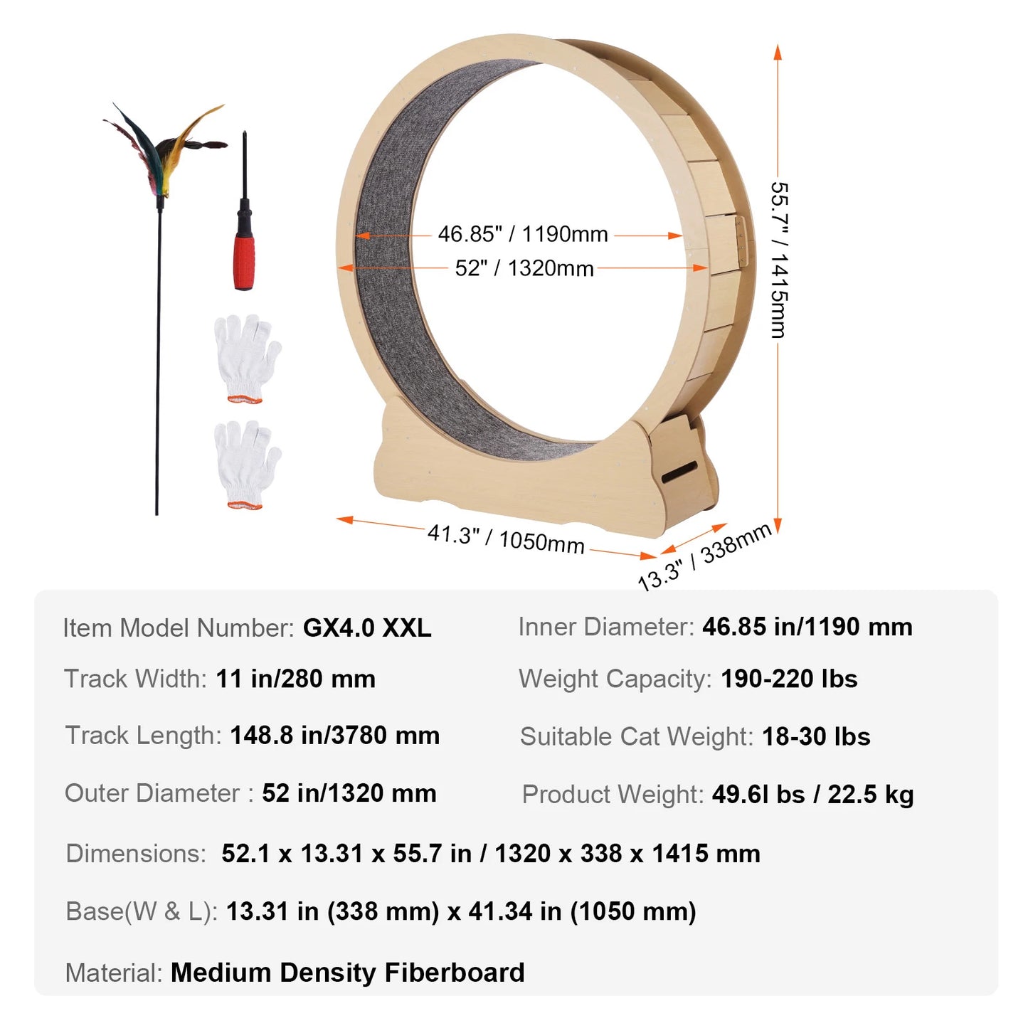 Wooden Cat Exercise Wheel For Indoor Cats Durable Large Treadmill Wheel With Detachable Carpet And Cat Teaser
